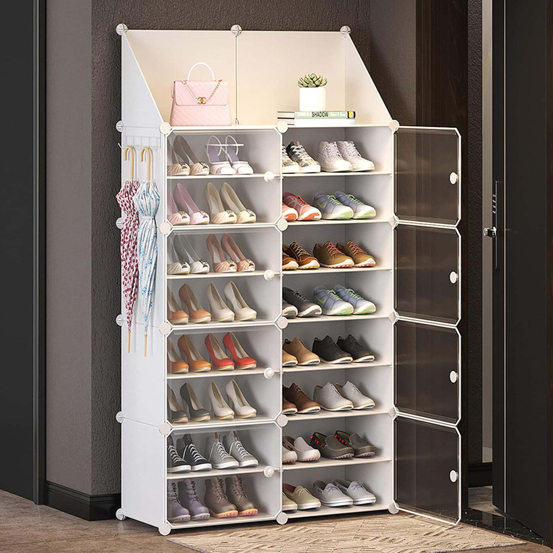 NUKiedShoe Rack Storage Cabinet with Doors, Key Holder, Portable Shoes Organizer, Expandable Standing Rack, Storage 32-64 Pairs Shoes, Boots, Slippers (2x8 Tier) (White)