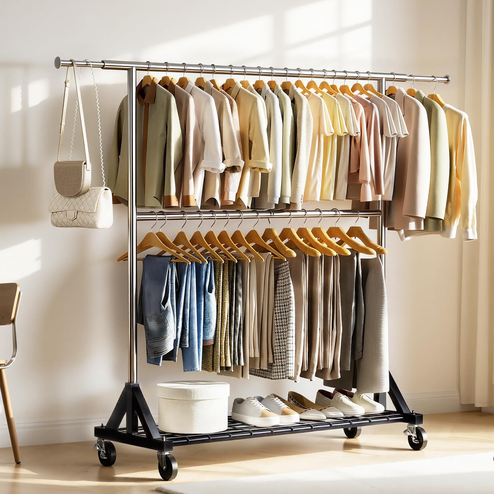 ハンガーラック 頑丈 2段収納 Luxspire 洋服ラック 大容量 キャスター付き スチールラック ハンガー 縦横伸縮 高さ伸縮 幅120-170cm 高さ162.5-185.5cm 下棚付き 洋服掛け おしゃれ 衣類収納 収納力あり スッキリ収納 組立簡単 日本語取扱説明書付き ブラック＋シルバー