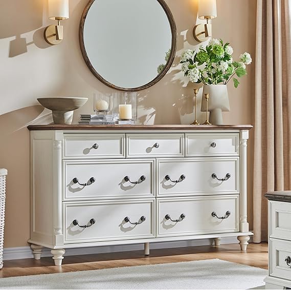 T4TREAM Farmhouse 7 Drawers Dresser Chests for Bedroom with 4 Solid Wood Feet, Tall Wide Wood Country Rustic Chest of Drawers, Storage Dressers for Bedroom, Living Room, Antique White