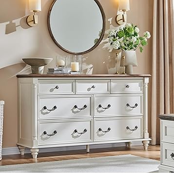 T4TREAM Farmhouse 7 Drawers Dresser Chests for Bedroom with 4 Solid Wood Feet, Tall Wide Wood Country Rustic Chest of Drawers, Storage Dressers for Bedroom, Living Room, Antique White