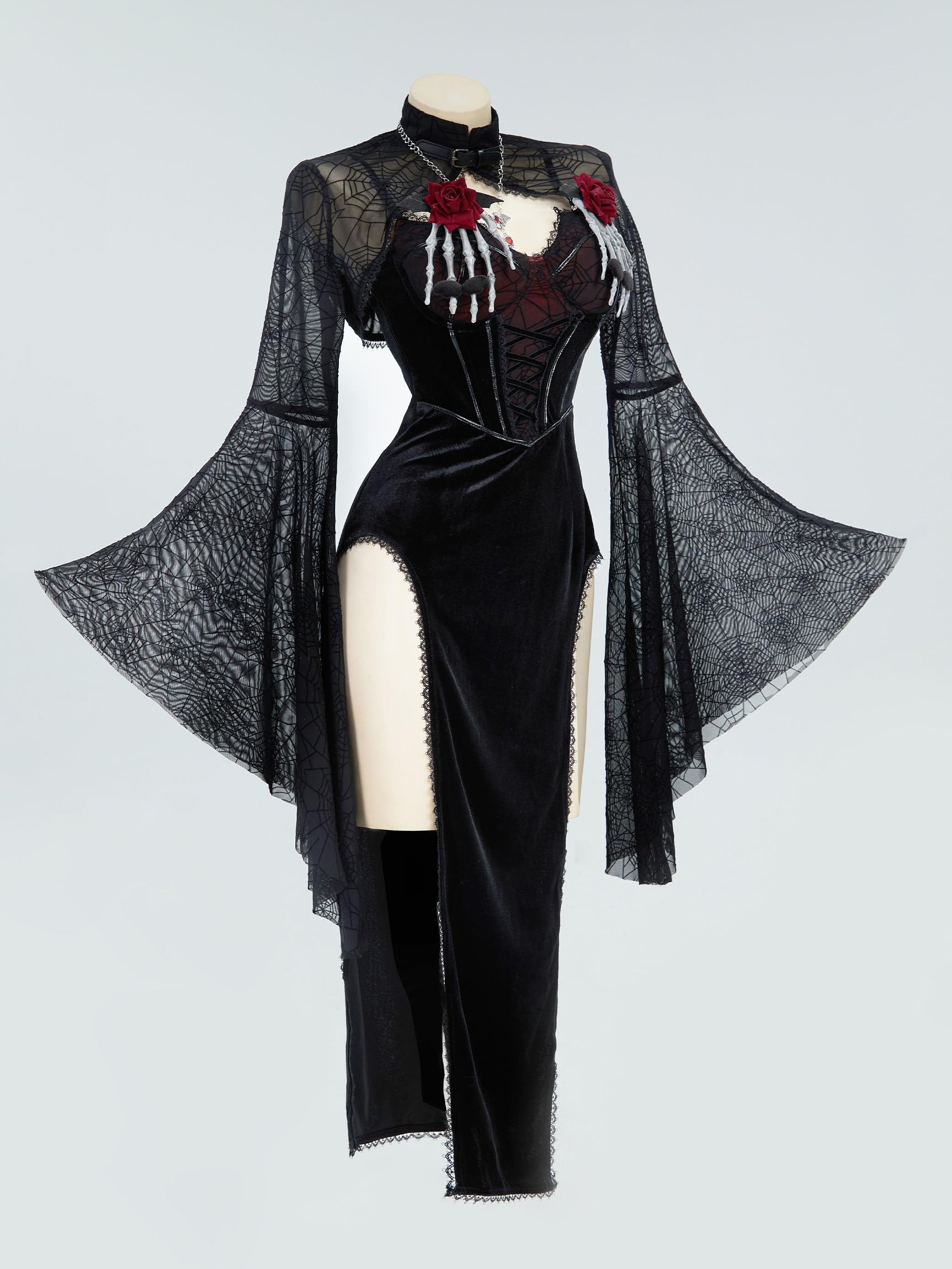 MEOWCOS Halloween Costume Bodycon Dress Gothic Vampire Slit Dress and Spiderweb Flare Sleeve Cloak with Necklace: Black Medium
