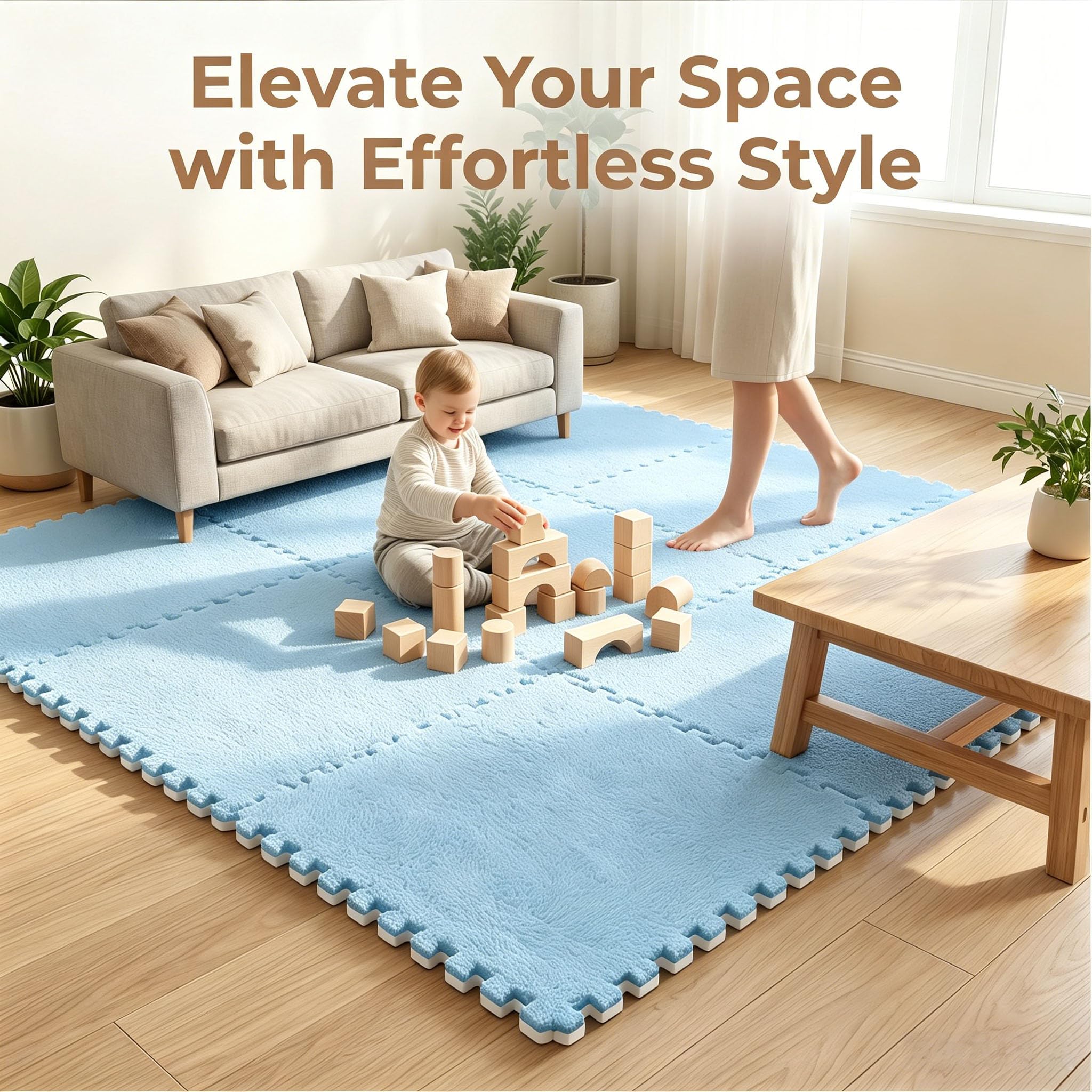 Lot de 12 tapis puzzle emboîtables en peluche, 30 x 30 cm, tapis puzzle en mousse, tapis de sol, tapis puzzle pour bébé, tapis de sol en mousse, pour salon, chambre à coucher, bleu ciel