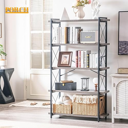 Miniatura 5 de HCHQHS Librería, estantería industrial de 5 niveles, estantería abierta rústica, estanterías altas independientes con marco de metal