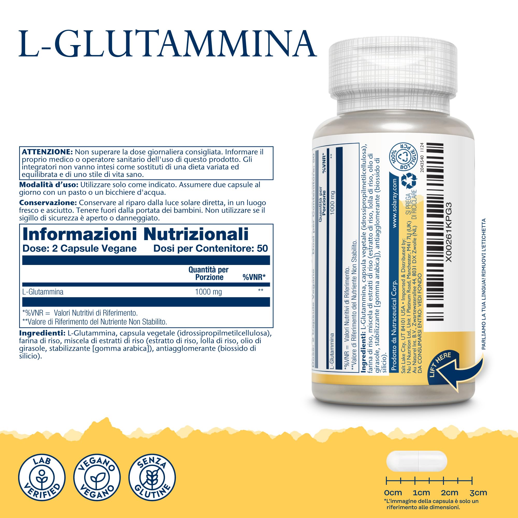 Solaray Glutammina 1000mg - 100 Capsule Vegane - 500mg di L-Glutammina per Capsula - Aminoacido di Alta Qualità - Integratore Pre Allenamento - Testata in Laboratorio