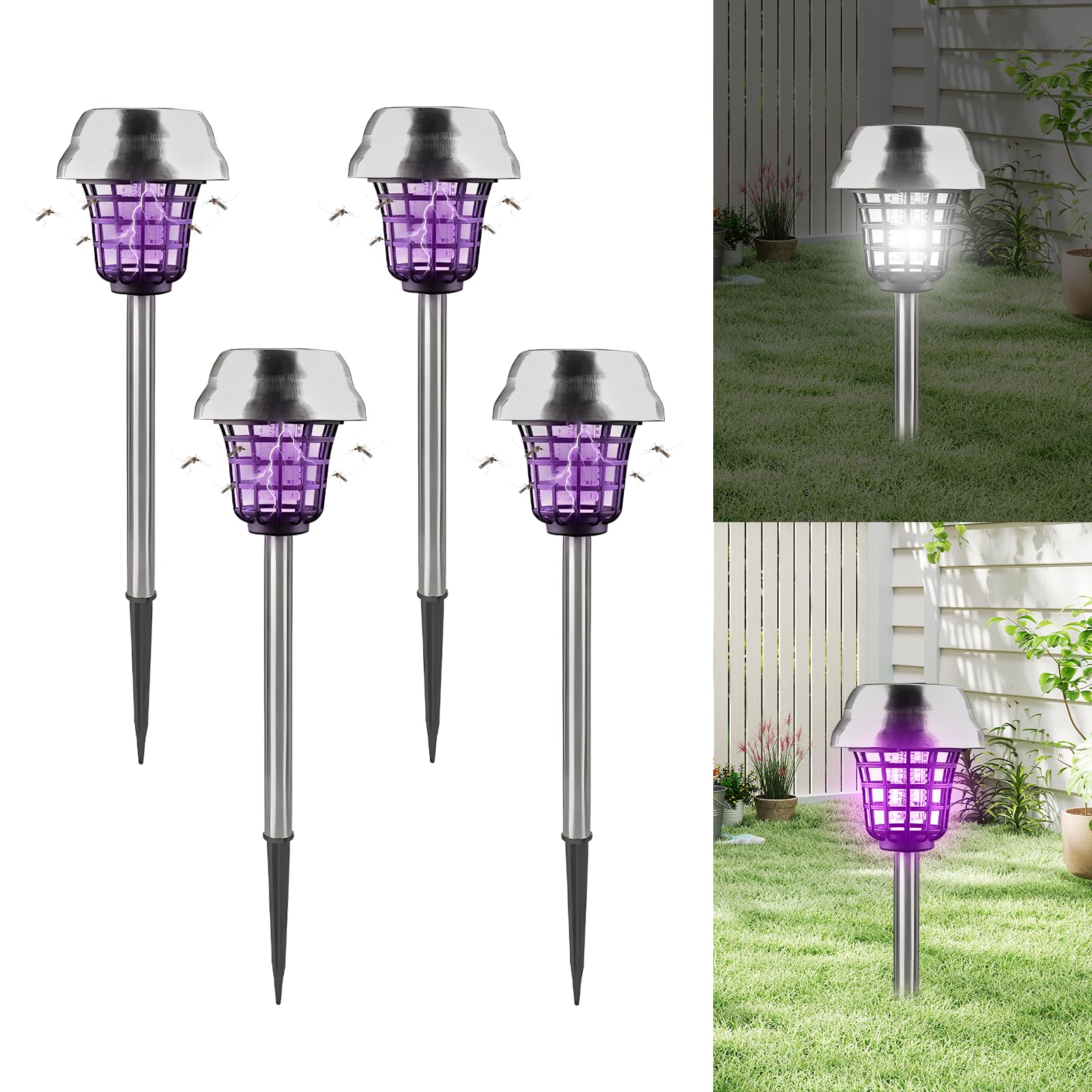 4pcs Anti Zanzara Solare, Lampada Anti Zanzara Elettrica con Illuminazione LED Lampada UV Contro Zanzare Mosche IP65,per la casa, giardino, cortile, campeggio (4 pezzi)