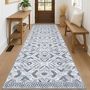 KILOCOCO Hallway Runner Rug 3'x8' Washable Printed Moroccan Runner Rugs Non Slip Entryway Rugs Soft Indoor Long Floor Rug for Bedroom Kitchen Living Room Geometric Boho Carpet Runners, Grey White