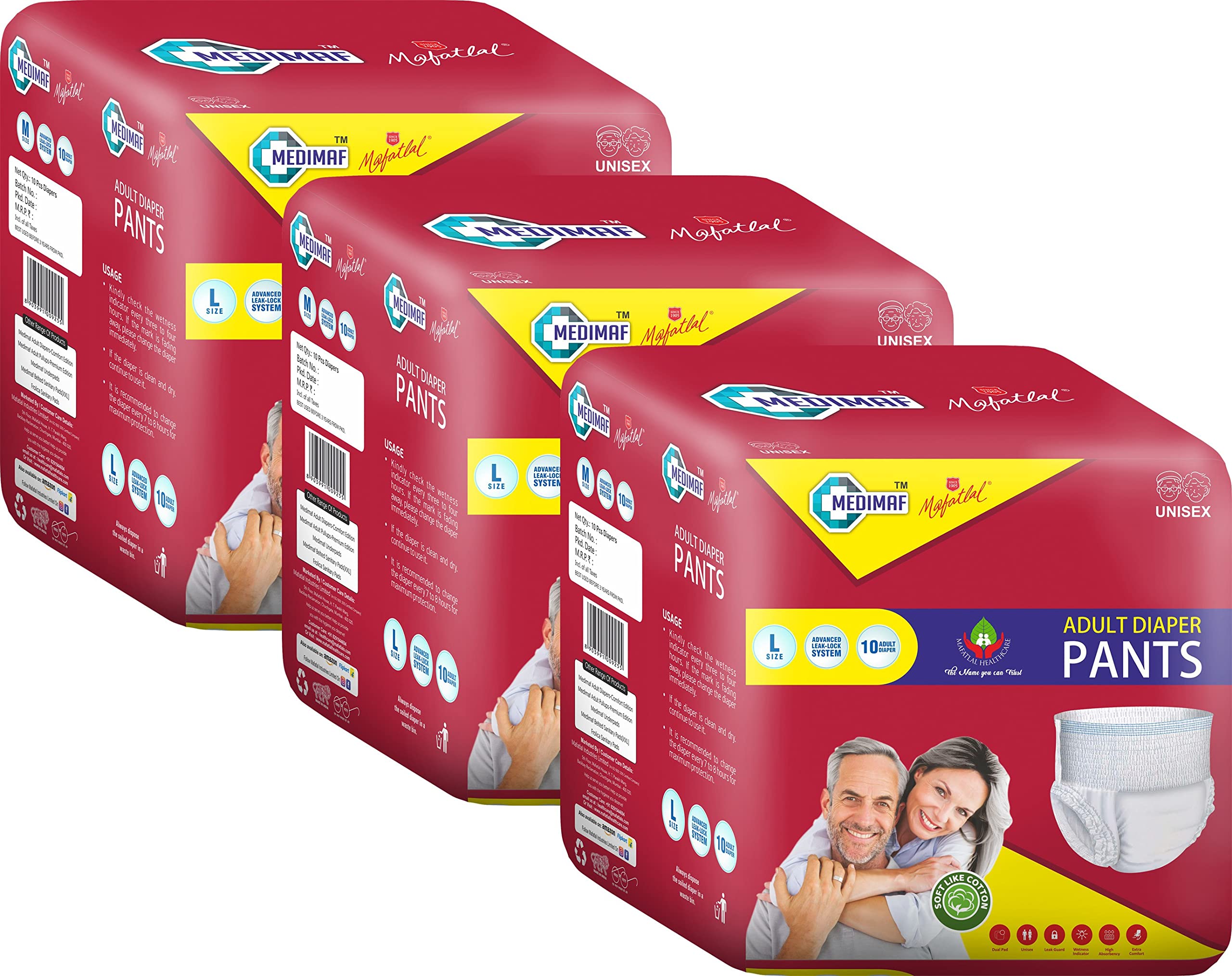 Medimaf By Mafatlal Adult Diaper Pant style - 30 Count Large 75-135 cms (30-54 Inch), Size L, unisex,dual pad, leakproof, elastic waist, wetness indicator & Extra absorbency, Pack of 3