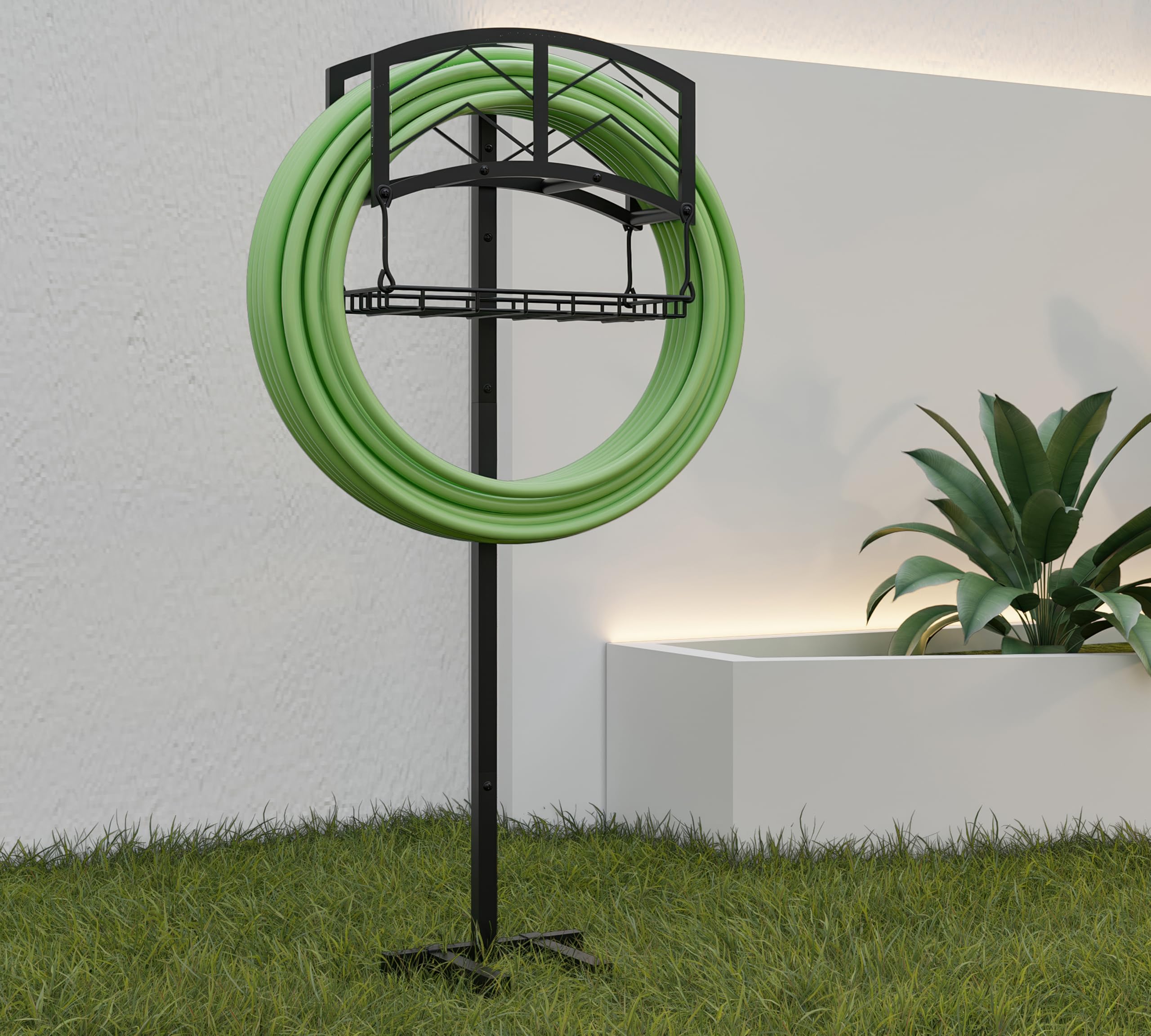 Kingson Support tuyau arrosage portable, panier rangement, acier noir robuste, contient tuyau 45m, design amovible outils
