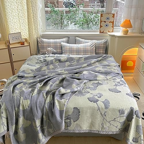 Miniatura 5 de Bifqioy Edredón de hojas de ginkgo tamaño Queen, color verde y gris, reversible, de algodón, para todas las estaciones, manta ligera de muselina