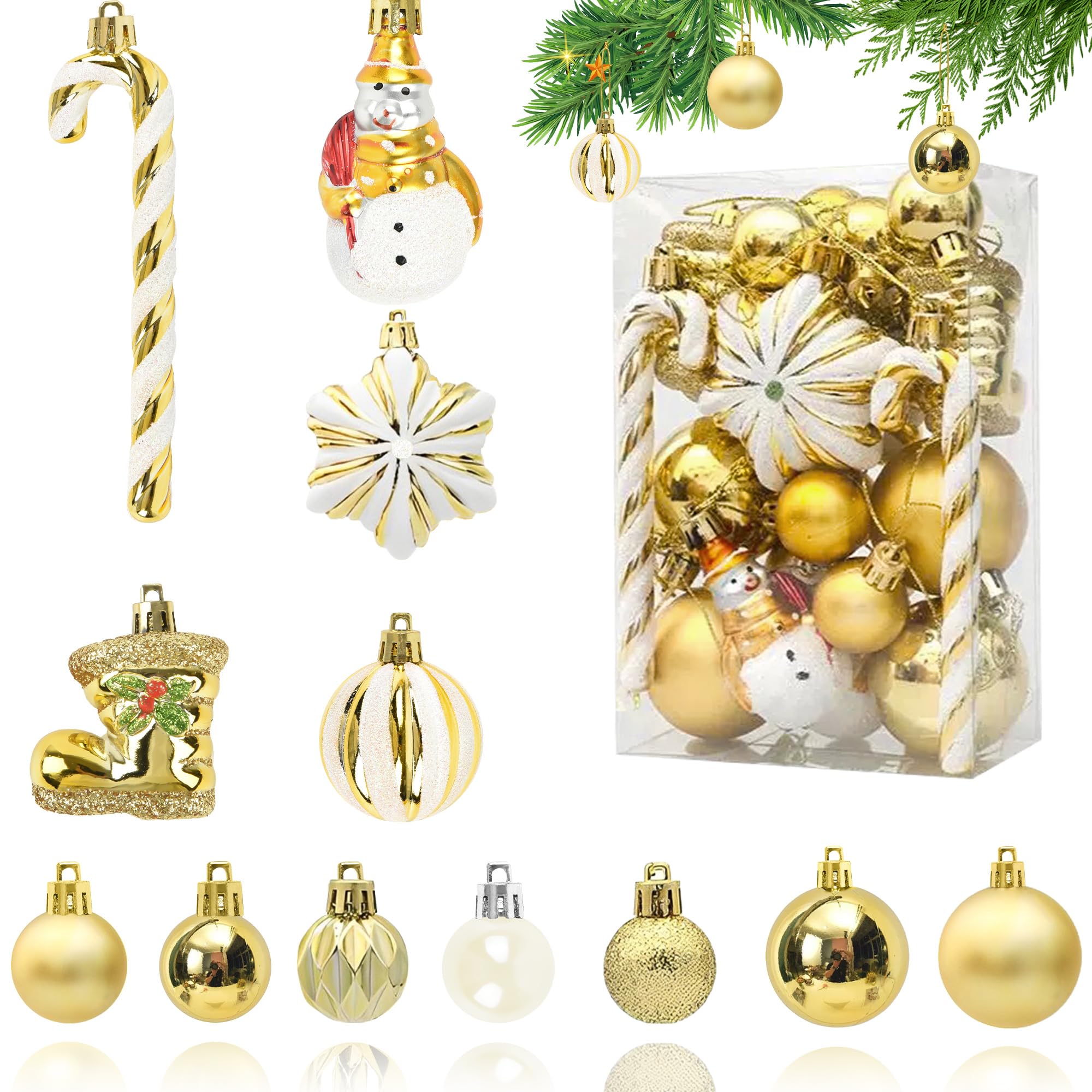 Set de Adornos de Navidad 34 Piezas Adornos de plástico para el árbol de Navidad Oro Blanco Adornos de Navidad 13/8/6/3cm Adornos para el árbol de Navidad Adornos de plástico decoración navideña