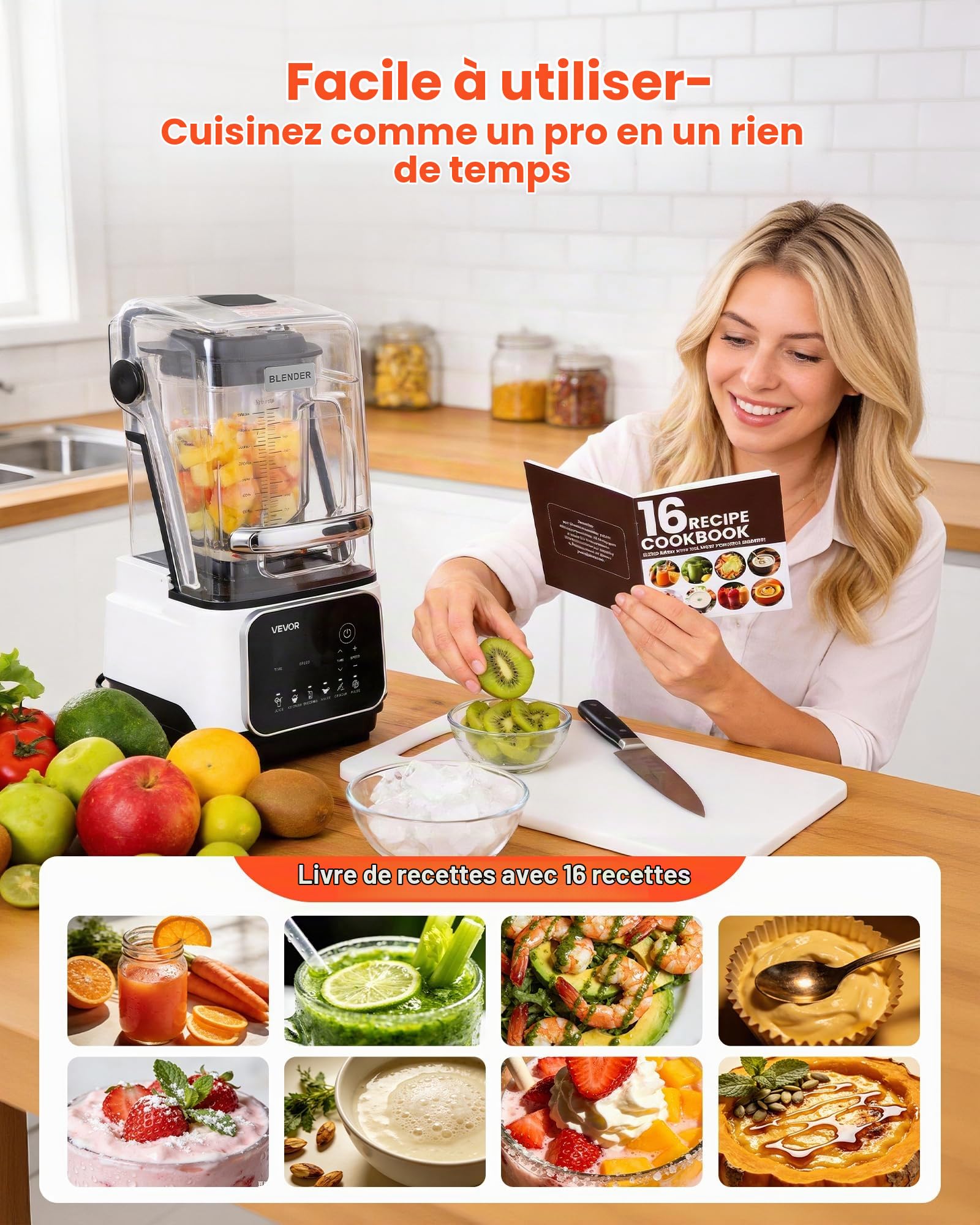 VEVOR Blender Professionnel, Mixeur Smoothie de Comptoir 2 L 26000 tr/min, pour Milkshakes Jus de Fruits Purées Cuisine Bar, avec Capot, Autonettoyage, Vitesse Réglable, 6 Programmes Prédéfinis