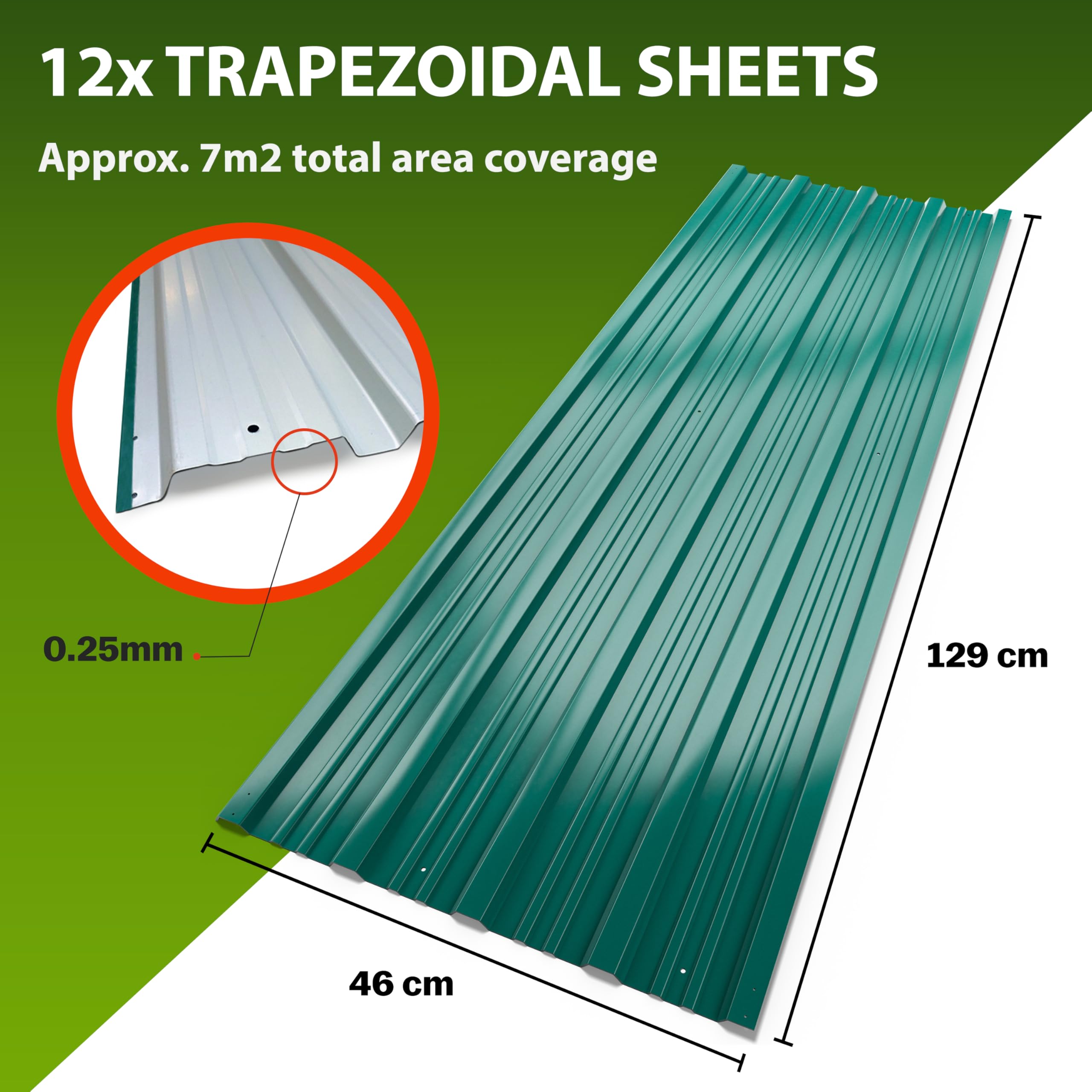 GARDEBRUK® 12x Corrugated Metal Roofing Sheets 129x46cm Green | For Garden Shed Metal Sheds Plastic Sheds & Greenhouse 7m² Galvanised Roof Panels Outdoor Storage Bin Store Bike Shed product thumbnail 6
