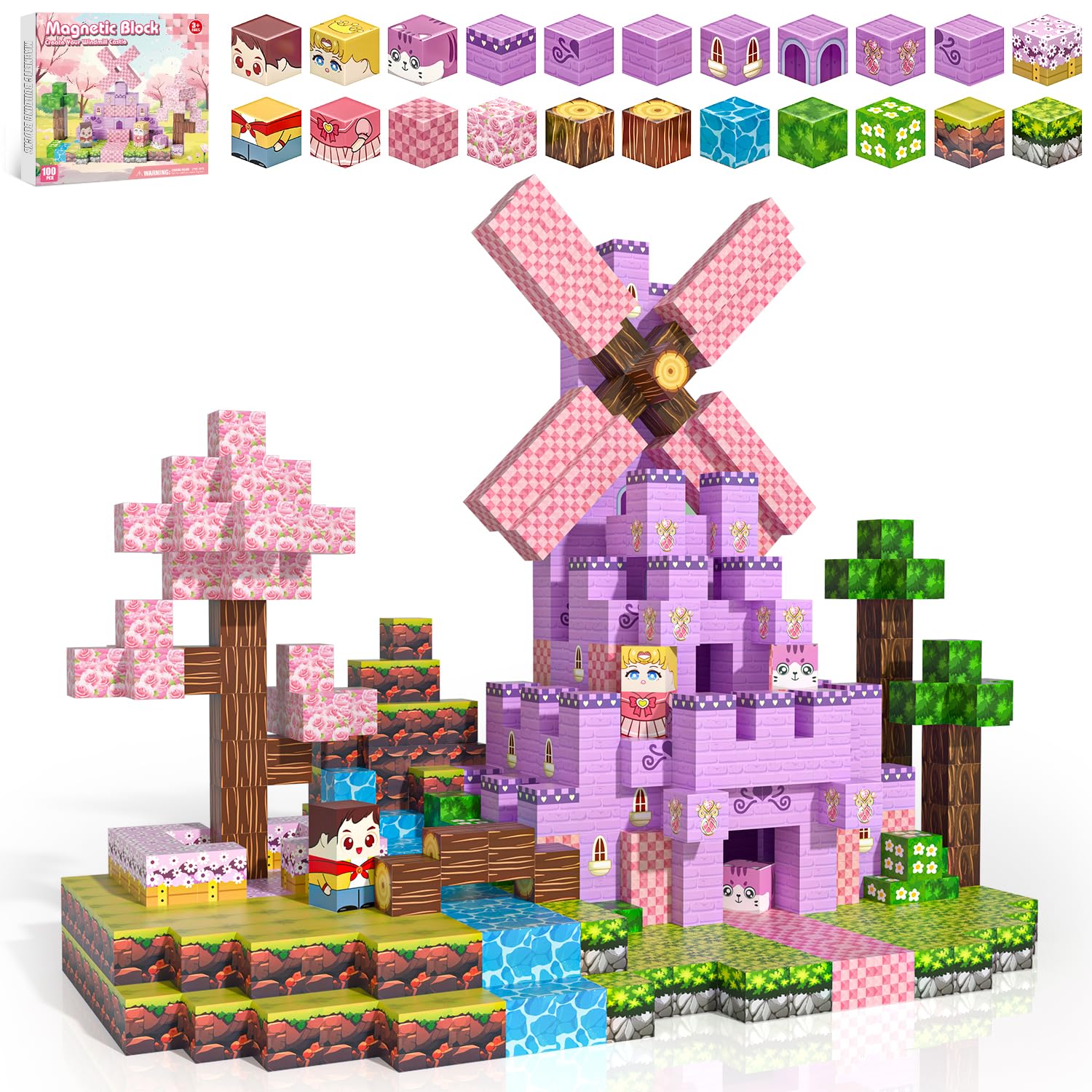 Kryzomat Magnetic Blocks 100 PCS, Magnet Blocks Pink Castle for Girls | Magnetic Building Blocks for Kids, Magnetic Cubes for Age 3 4 5 6 7 8, Magnet Construction Toy, Stem Gift for Birthday