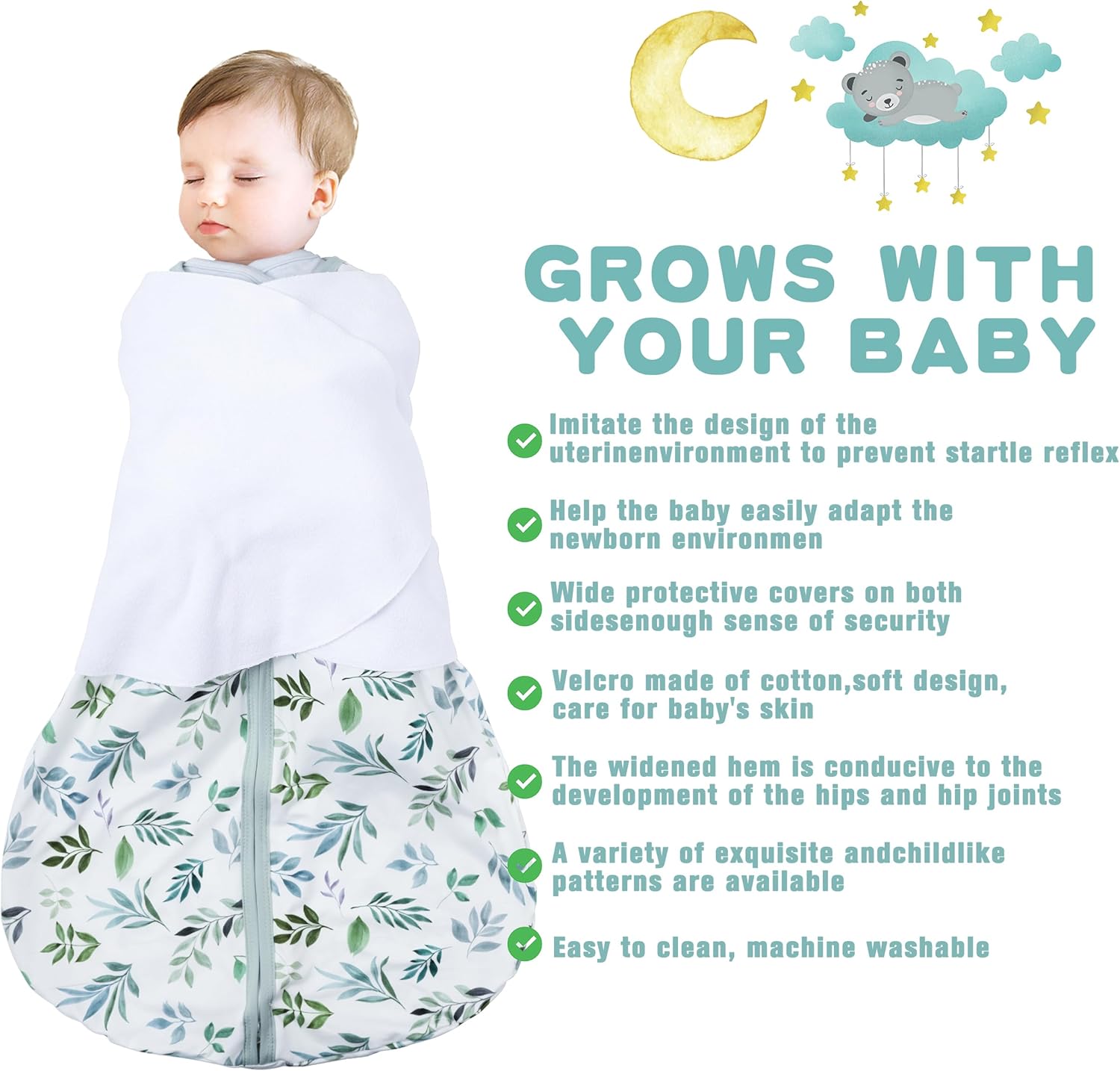 Newborn Sleep Sack Baby Swaddle,0-3 Months,3-Way Adjustable Wearable Blanket,100% Rayon Cotton Swaddling Sleeping Bag,TOG 0.5(Banana&Leaf) - Image 2