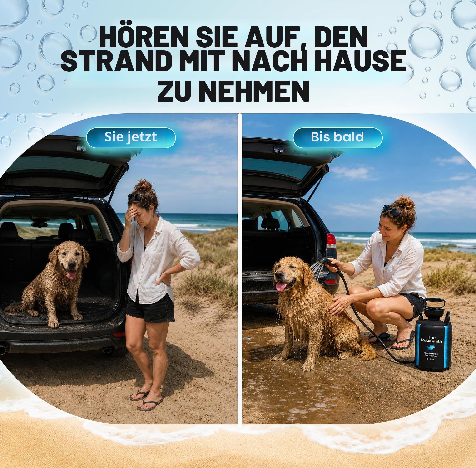 Splash n' Dash 5 Liter Tragbare Hundedusche - Manuelles Duschset mit Bürstenkopf & Neoprenmantel - Tragbare Hundewaschanlage für Zuhause, Reisen oder Outdoor