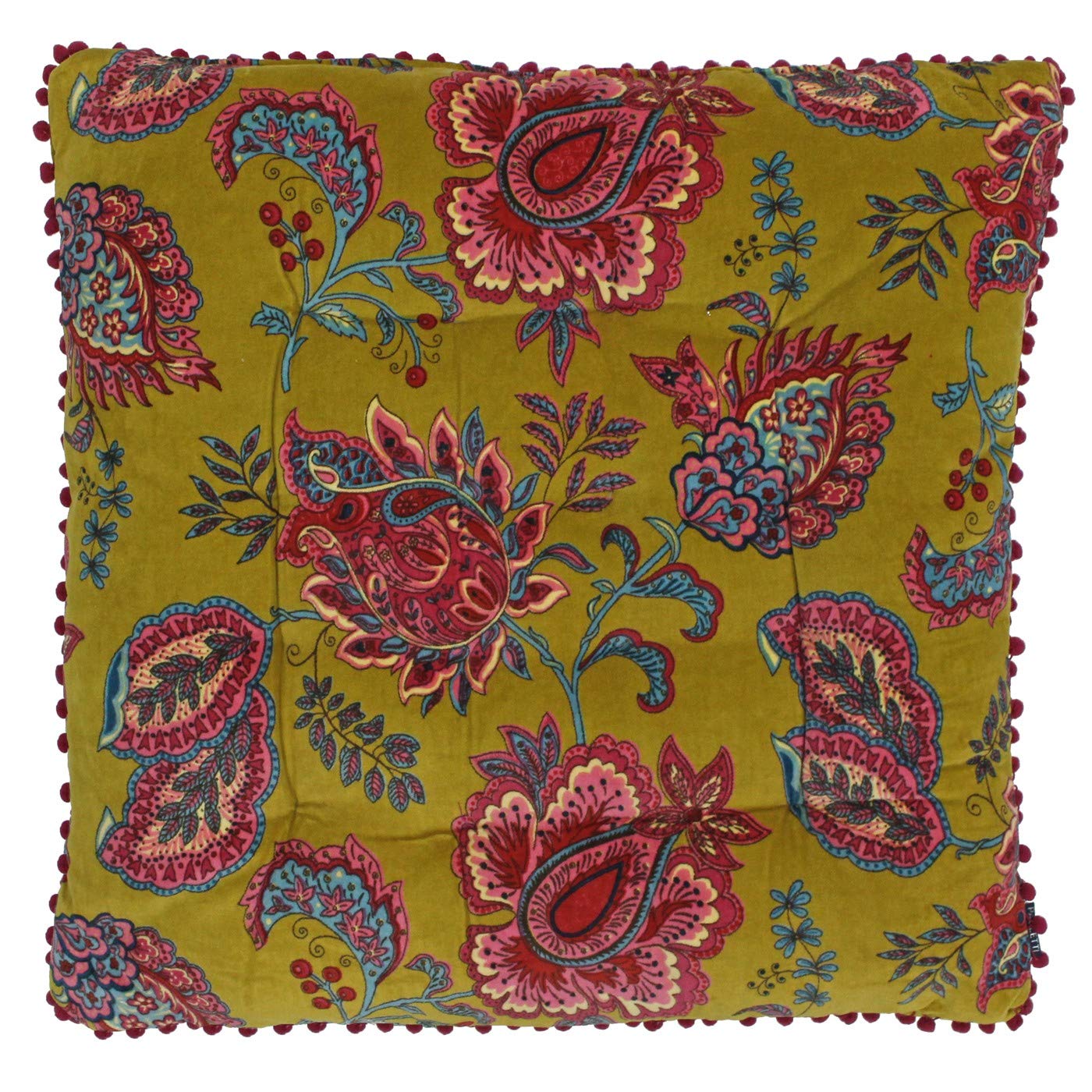 Riva Paoletti Malisa Square Cushion Cover - Lemon Curry Yellow - Paisley Indian Print - Faux Velvet Fabric - Pink Pompom Edges - Machine Washable - 100% Cotton - 50 x 50cm (20" x 20" inches)