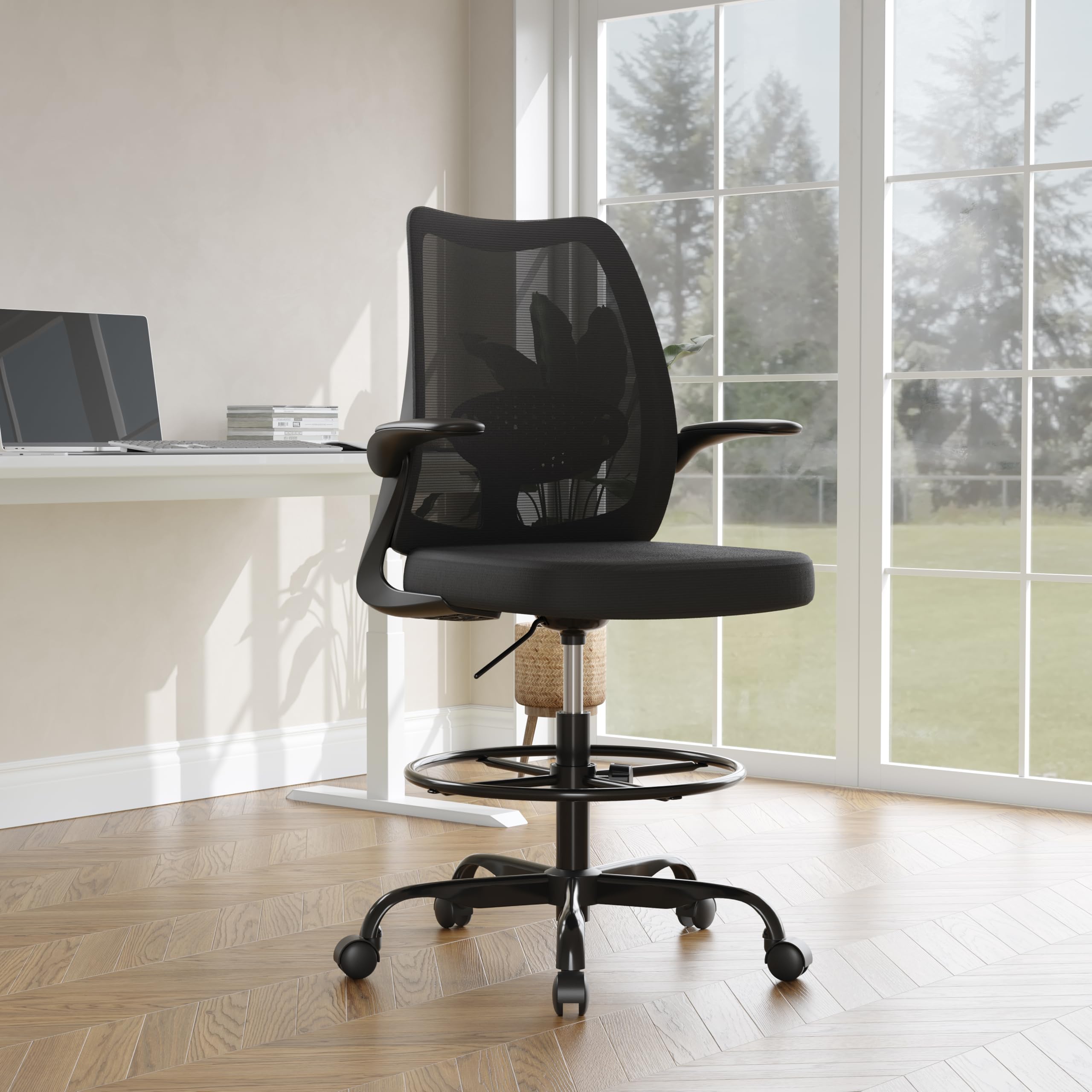 BERYTH Office Chair, Drafting Chair Swivel Chair with Mesh Upholstery, Ergonomic Painting Chair, Lumbar Support, 60 cm Large Seat, Foldable Armrests, With Footrest For Office Home Office Chair Study