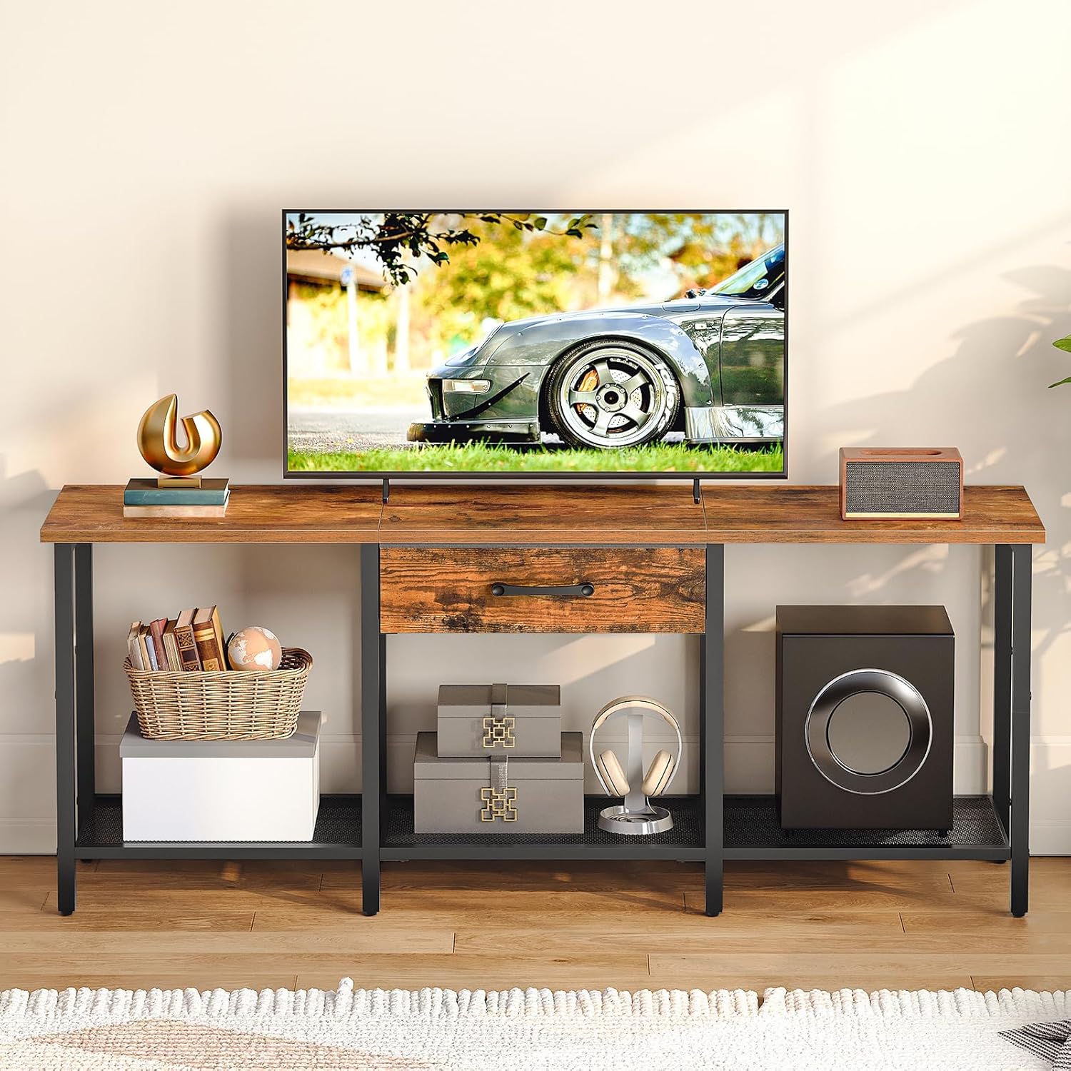 HOOBRO TV Stand for TVs up to 55 Inch, Entertainment Center with Fabric Drawer & Open Shelves, Industrial TV Media Console Table with Storage, for Living Room, Bedroom, Rustic Brown BF125DS01