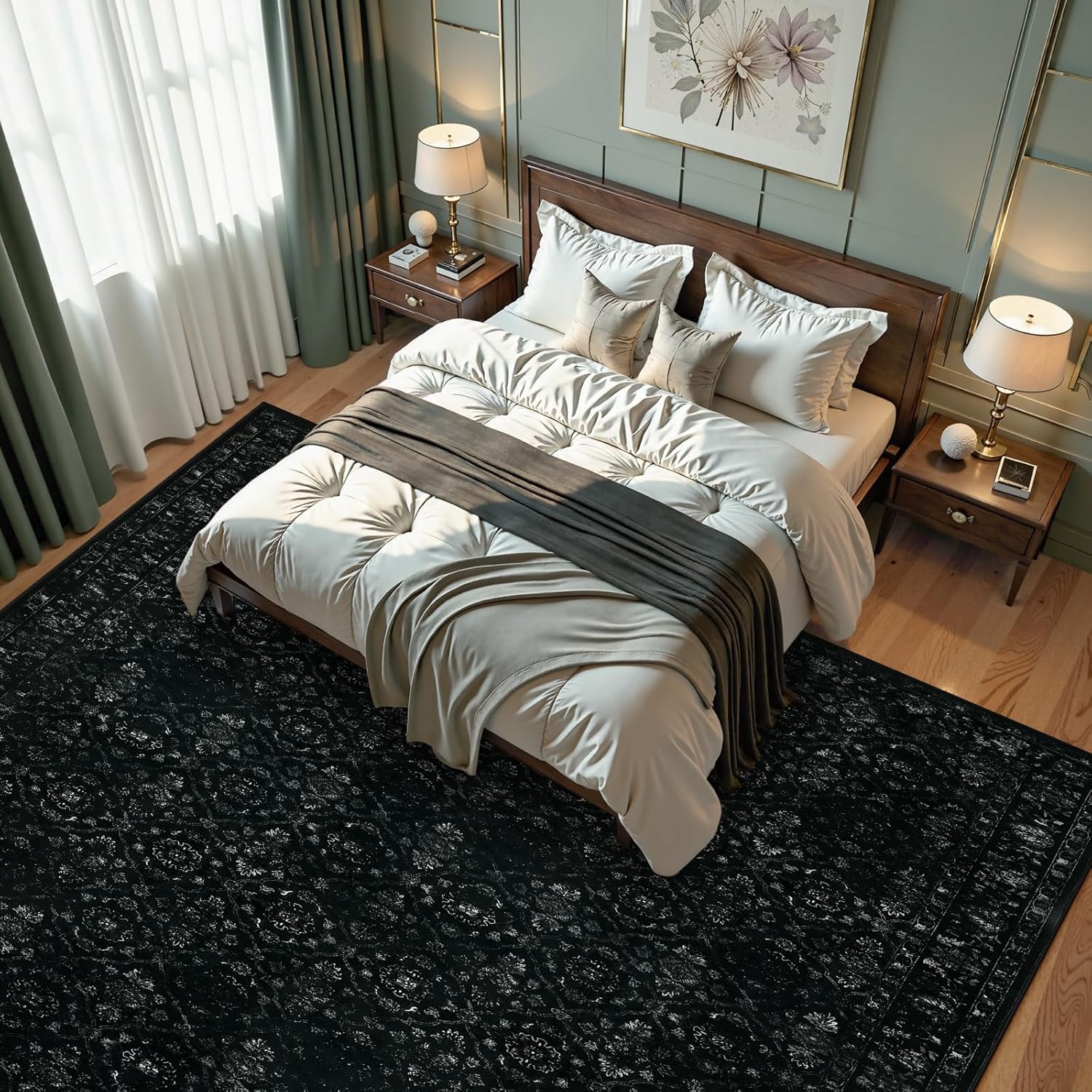 Hedlive Vintage Black Rug for Living Room 9x12, Ultra-Thin Washable Large Area Rugs for Dining Room Non Slip, Stain Resistant Bedroom Rug for Home High Traffic Area (9'x12', Black)