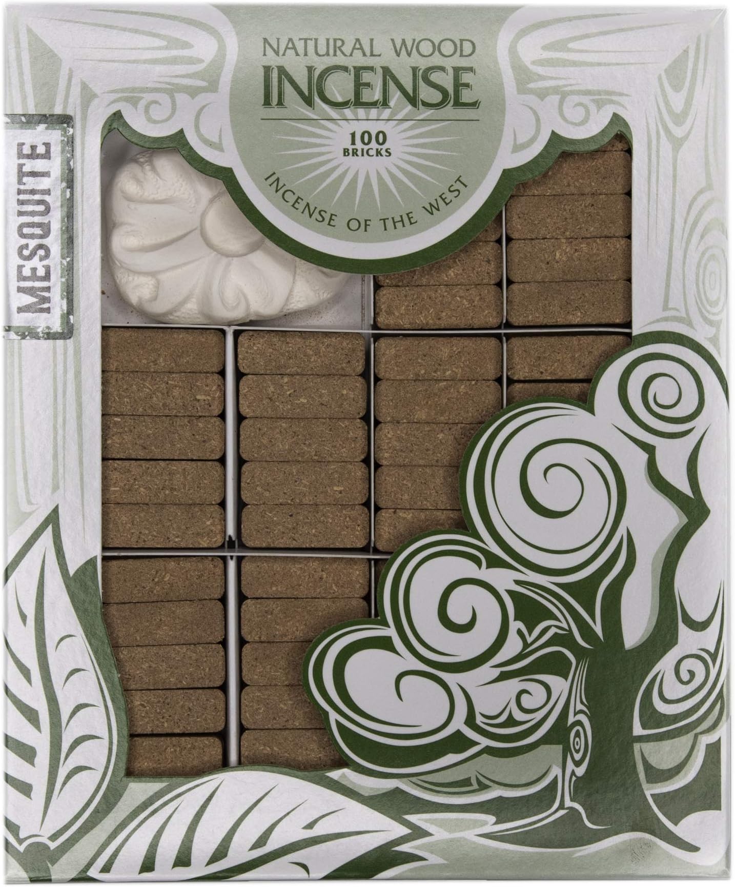 Mesquite Natural Wood Incense Bricks with Holder, 100 Count - Made in The USA