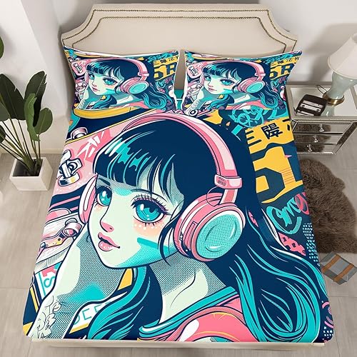 Miniatura 22 de Erosebridal Sábana bajera ajustable de uniforme de anime 3D para niña, tamaño Queen, estilo japonés, de dibujos animados, para niños, niñas y