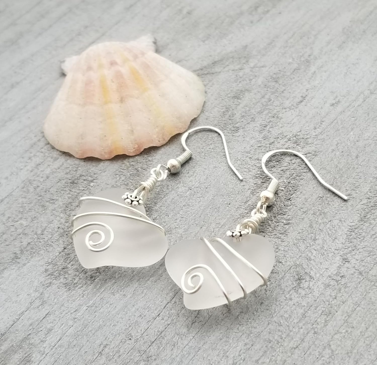 Special Handmade Sea Glass Earrings, Hawaiian Jewelry, Wire Twin Heart Earrings, Beach Jewelry For Women Birthday Gift