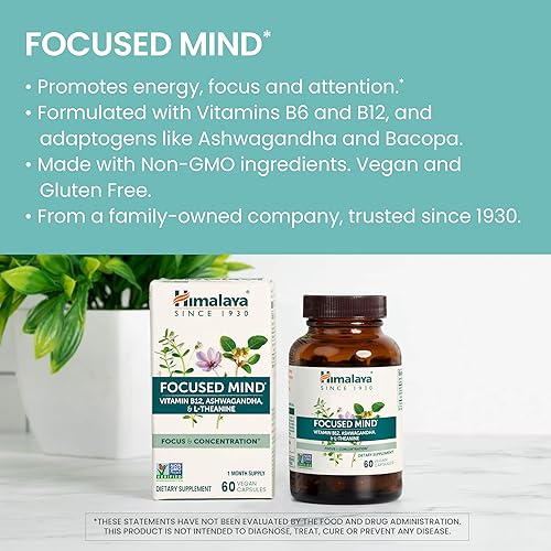 Miniatura 3 de Himalaya Suplemento mental enfocado, con Ashwagandha, Bacopa y L-teanina para atención, concentración y apoyo energético, 60 cápsulas veganas, sin