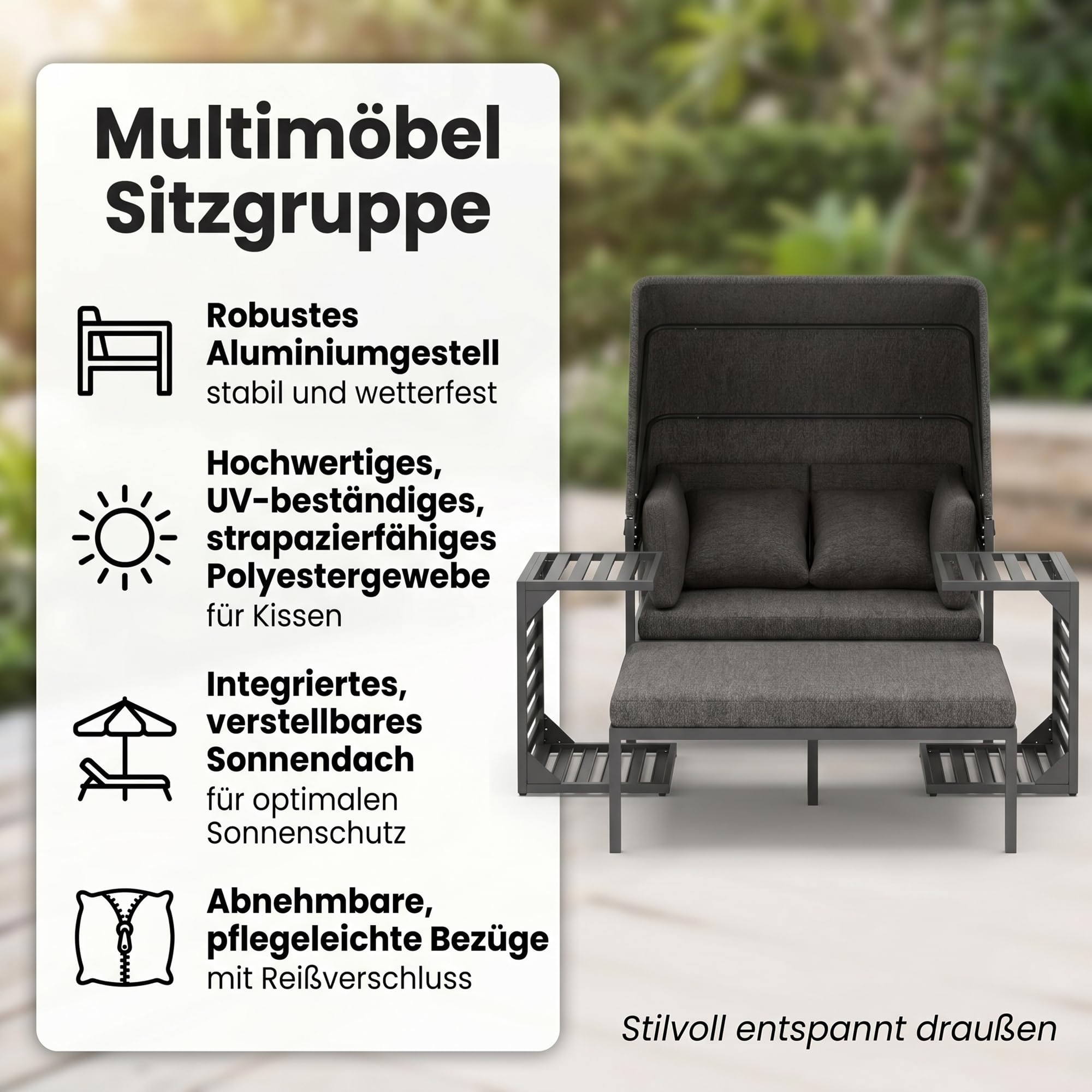 Mucola Aluminium Gartenmöbel Set mit 2 Beistelltischen Strandkorb inkl. Sonnendach | wetterfest und rostfrei | Sonneninsel extra Dicke Wasserabweisende Kissen