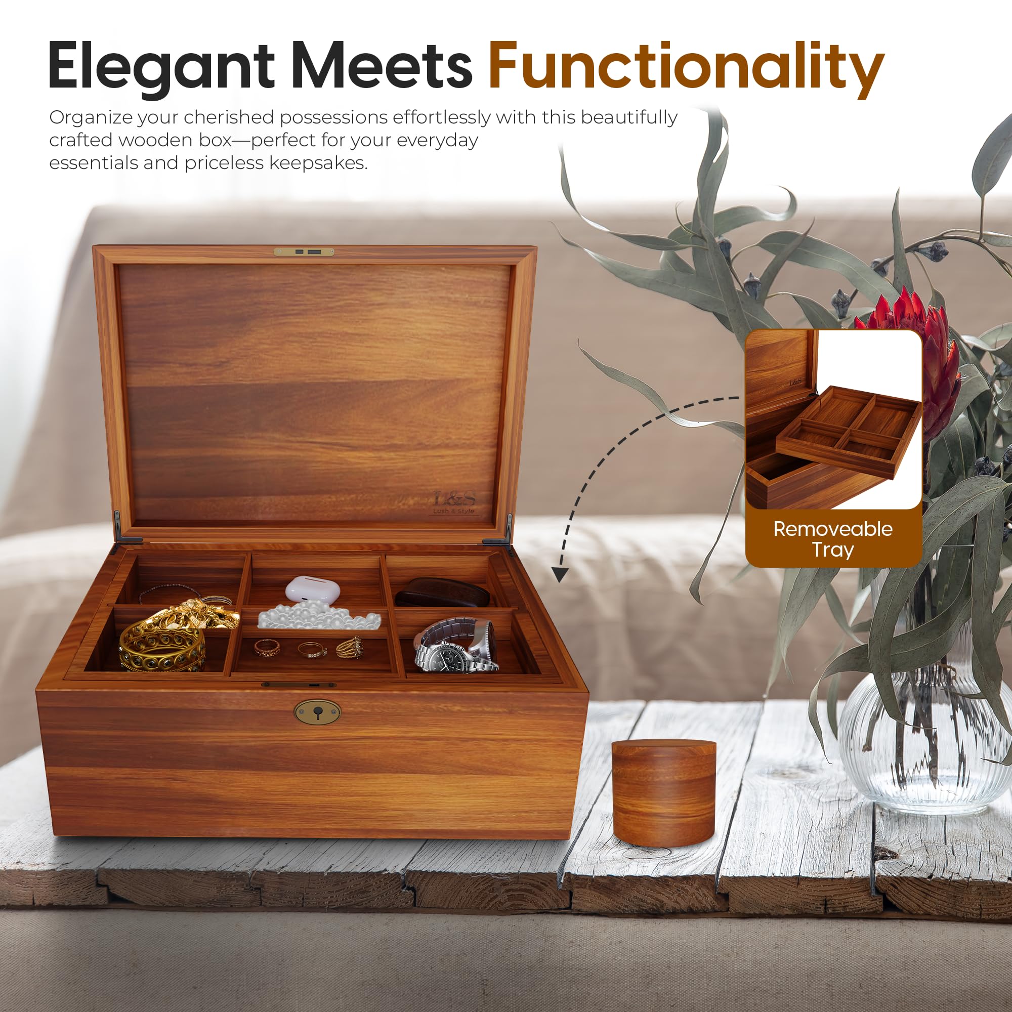 デコパージュꔛ‬ꕤスイングBOX♡小物入れ♡インテリア雑貨♡ゴミ箱♡ガーデニング Amazon.com: LUSH & STYLE Acacia Wooden Box, Keepsake With Hinged