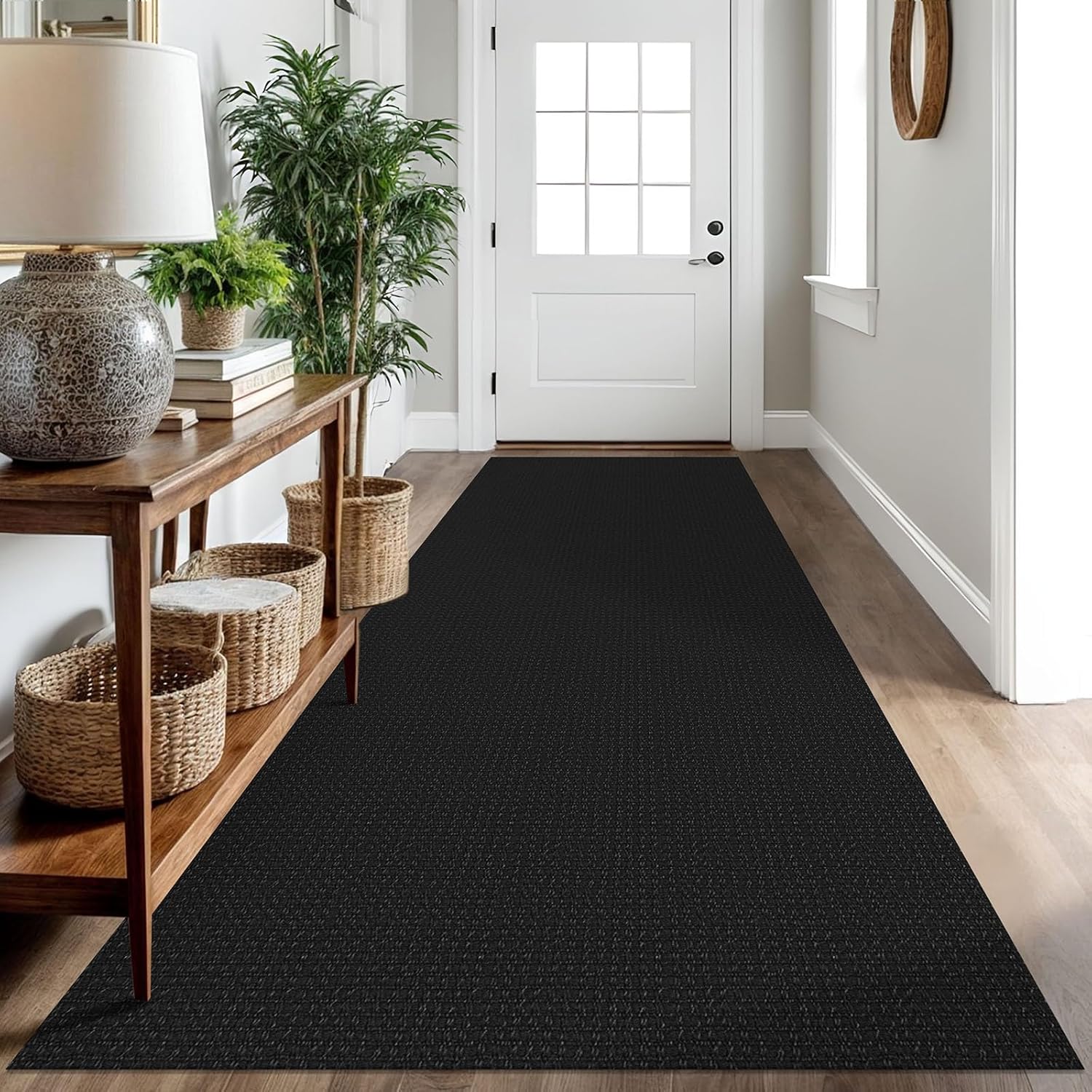 IOHOUZE Washable Runner Rug 3x10 Non Slip Rubber Backed Long Hallway Runner Entryway Runner Indoor, Kitchen Rugs Woven Cotton Floor Carpet for Hall Entrance, Black/Grey 3' x 10' (Runner) Black/Grey