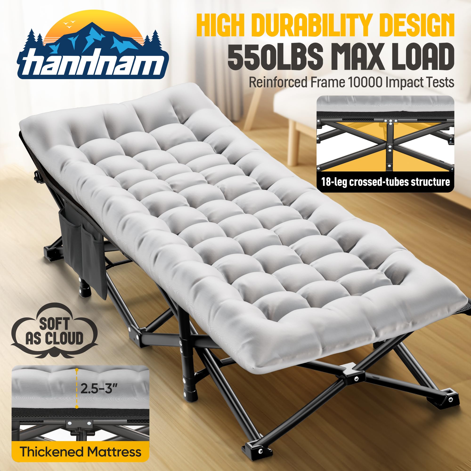 Handnam Camping Cots for Adults, Upgraded Folding Camping Cot Heavy Duty Deluxe Size Sleeping Cots Bed 1200D Double Layer Oxford Camping Cot Mattress Portable cot Bed for Home Beach Travel, 550LBS