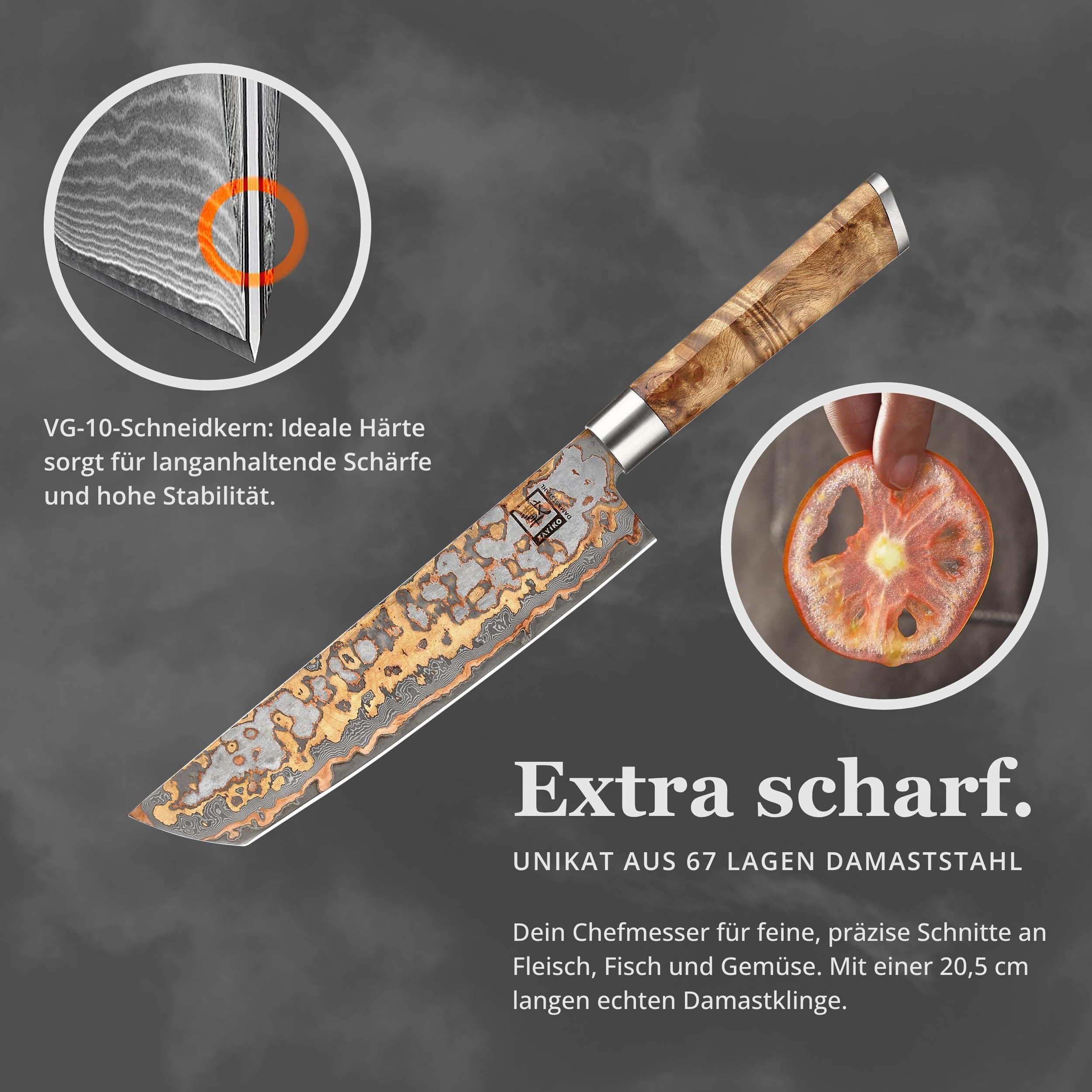 zayiko MysticMagma Tanto-Kochmesser 20,5 cm Klinge aus 67 Lagen Damaststahl