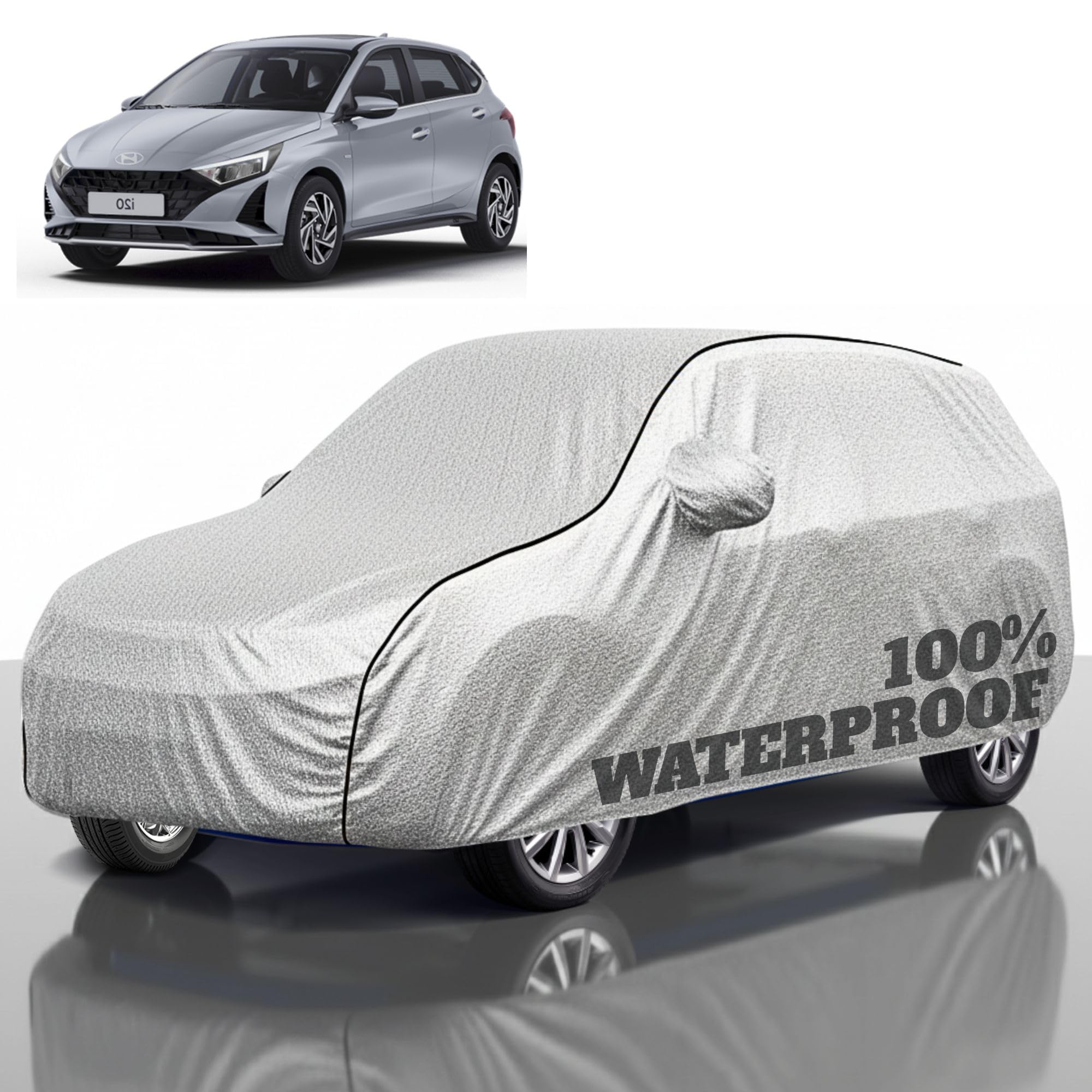 Premium Polyester Car Cover i20 All-Weather Protection from Rain, Dust &amp; Sun | UV Resistant Fabric | Full Body Secure Fit for Outdoor &amp; Indoor Parking Silver