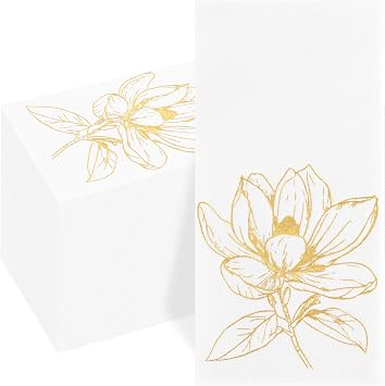 50Pack Gold Floral Napkins - Cloth Like Magnolia Napkins for Wedding | Linen-Feel Texture, Heavy-Duty and Highly Absorbent, Magnolia Design Adds Elegance, for Bathroom, Table Settings, Party Decor