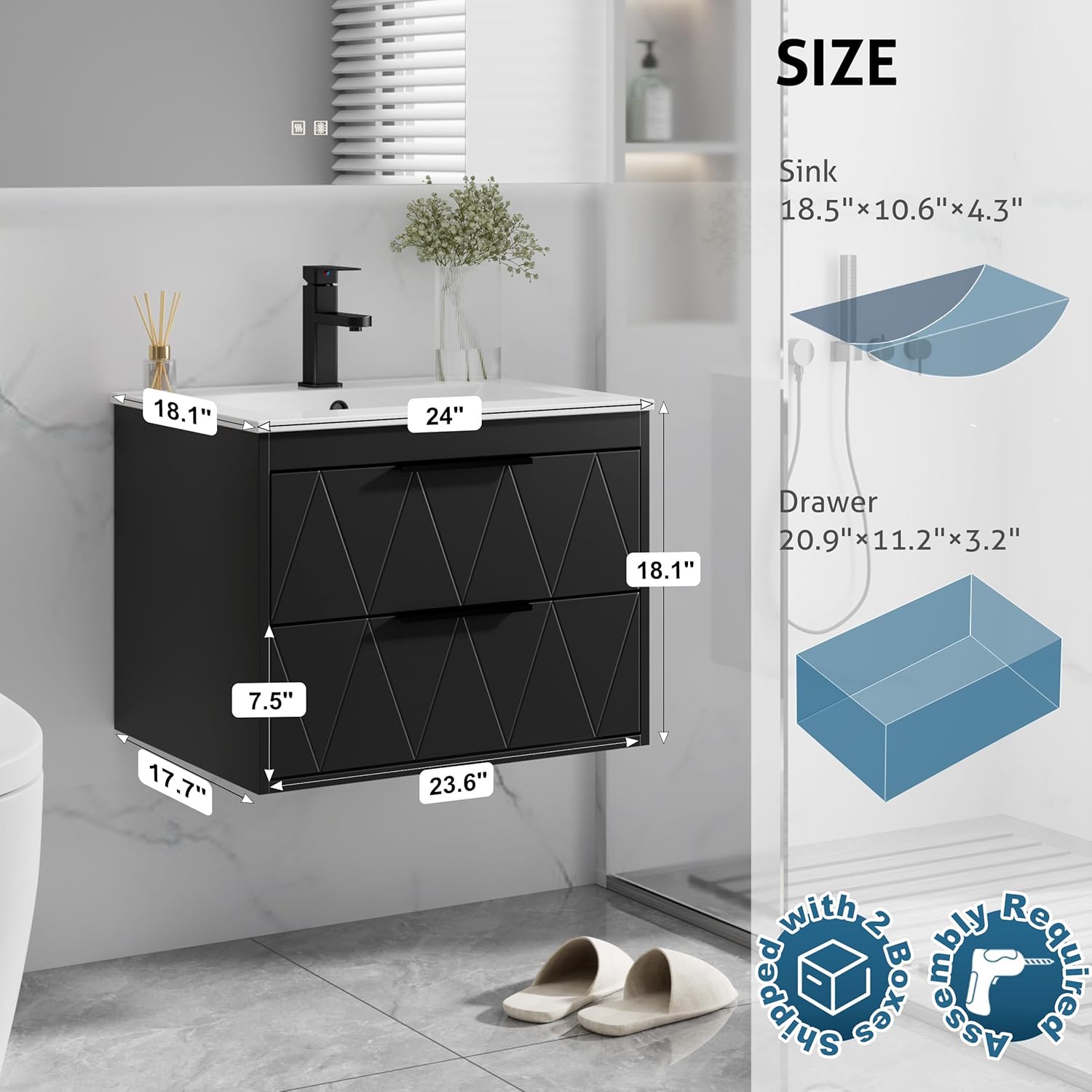 eclife 24" Bathroom Vanities Cabinet with Sink Combo, Wall Mounted Floating Cabinet W/Decor Line, Soft-Close System, 2 Extra Big Drawers, Matte Black Faucet, Black