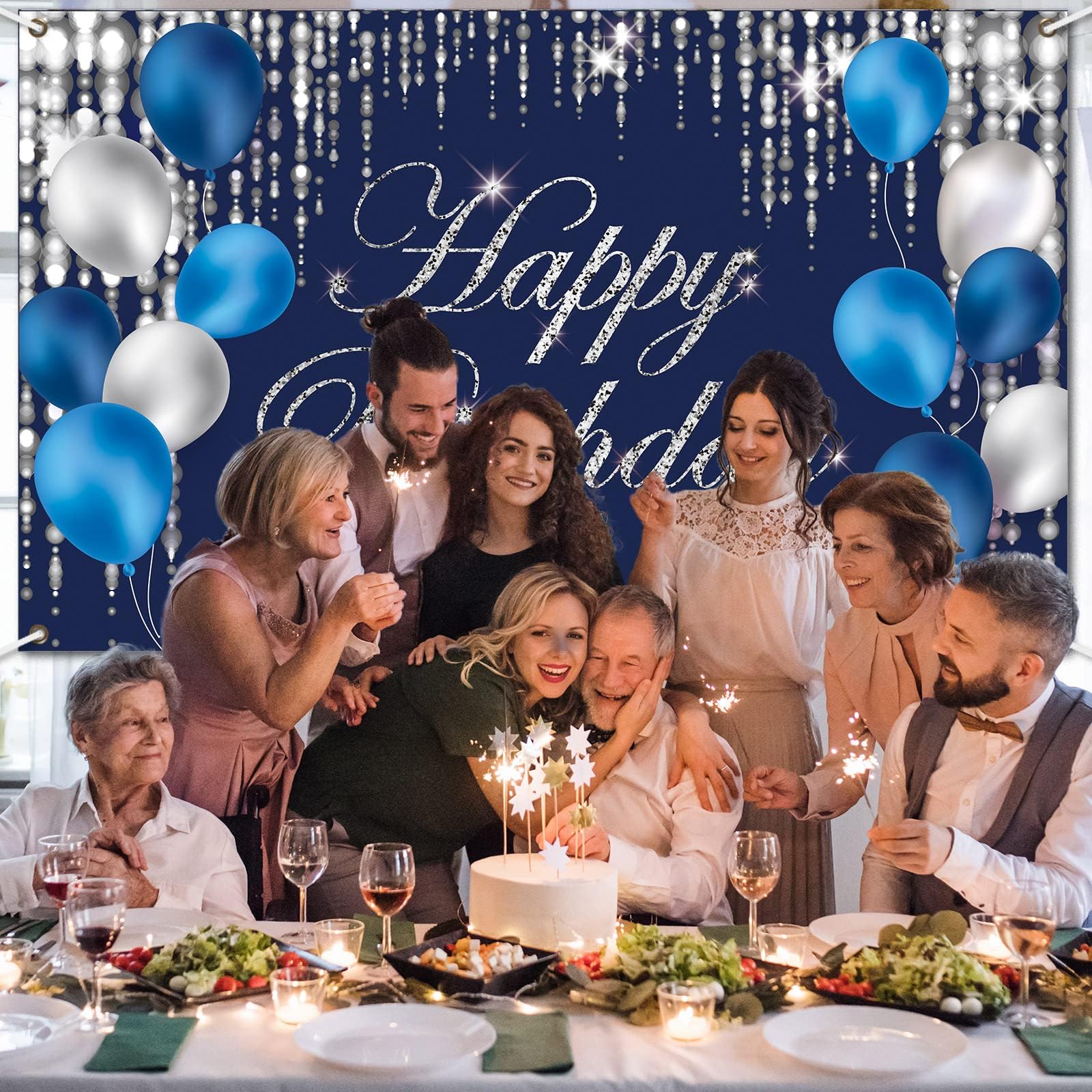 Blue Silver Happy Birthday Backdrop Banner - 6x3.6 Ft Party Decor Photo Background With String - View #7