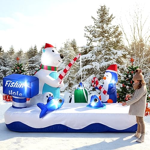 Miniatura 7 de Decoración inflable gigante de Navidad de 7 pies, bonito oso polar para pesca con pingüino, decoración de fiesta de vacaciones, decoración de patio