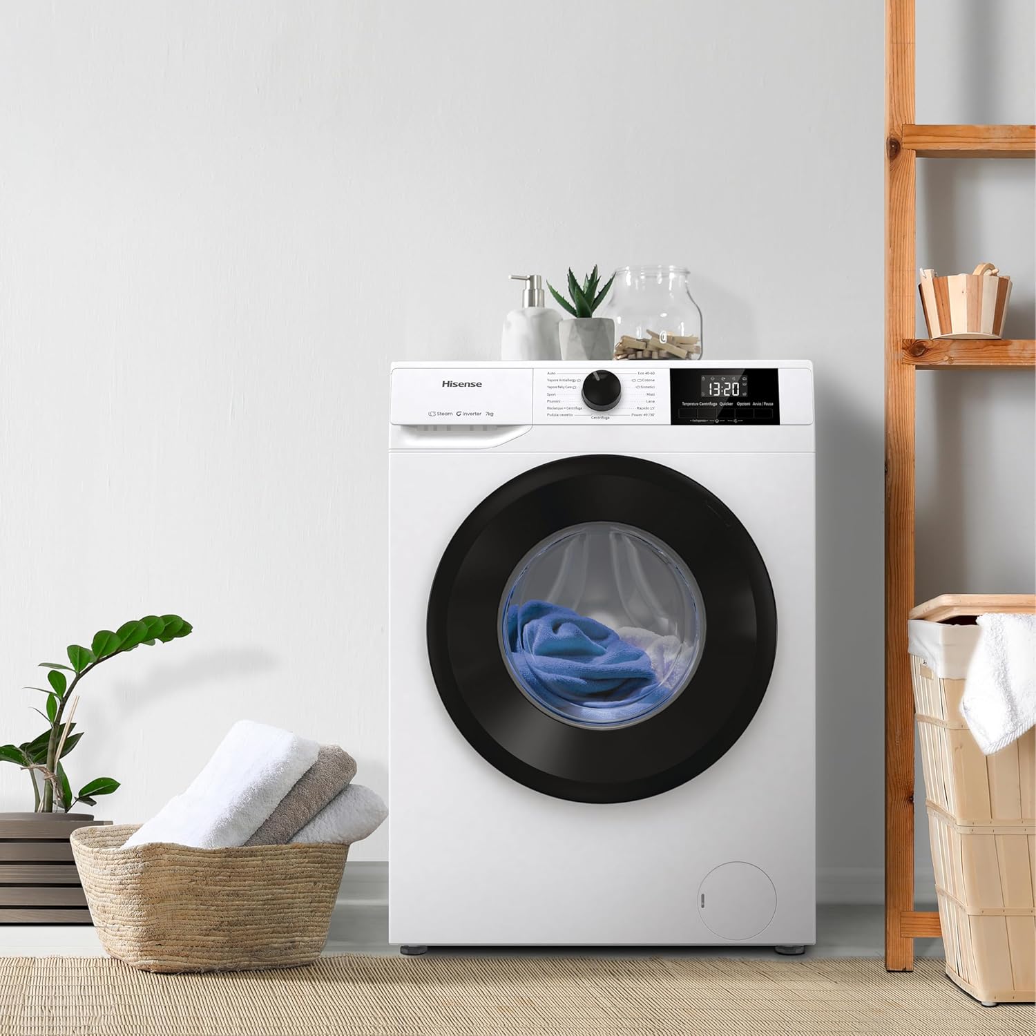 Hisense WF1G7021BW Washing Machine in a laundry room setting.