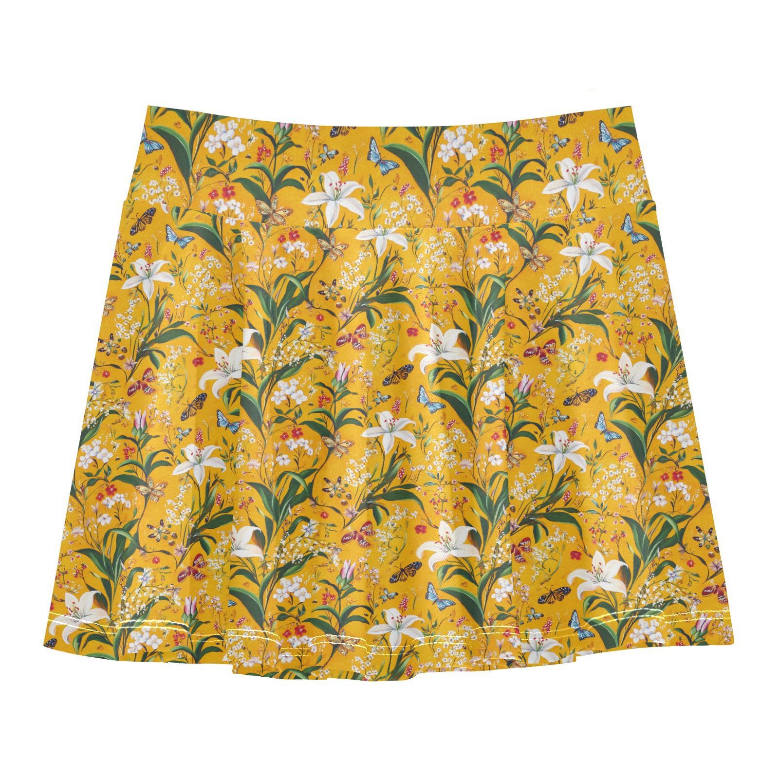 JUNZAN Spring Flowers Flowy Girls Athletic Skirts with Shorts Cheerleading Skirts with Pockets Skort for Little Girl Orange