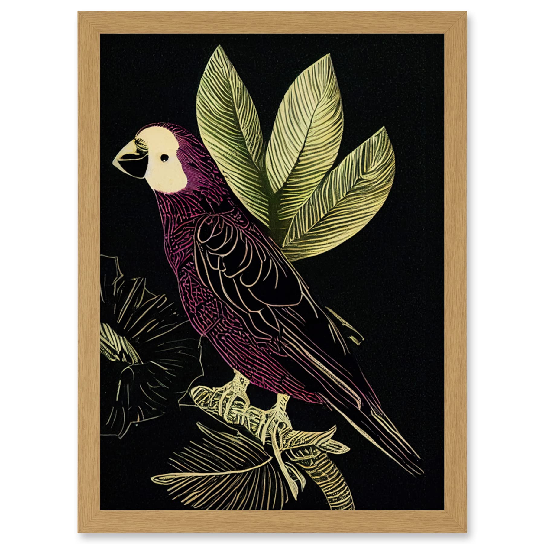 Burgundy Parrot Leaves Tree Branch Vintage Linocut Artwork Framed Wall Art Print A4