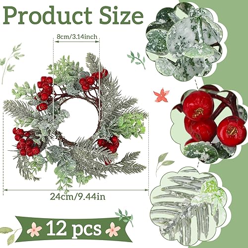 Miniatura 2 de Sliner Anillos de vela de Navidad, decoración de coronas, bayas rojas artificiales, agujas de pino nevado, coronas colgantes, guirnalda colgante