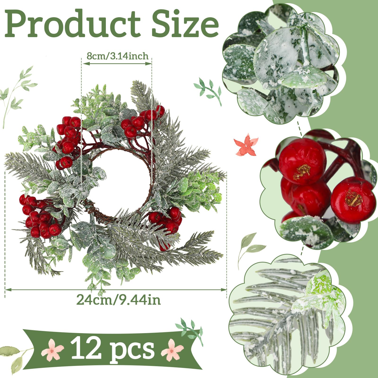 TRIWORKS 4-Pack Christmas Candle Rings - Pine Garland With Red Berries & Pine Cones - View #12