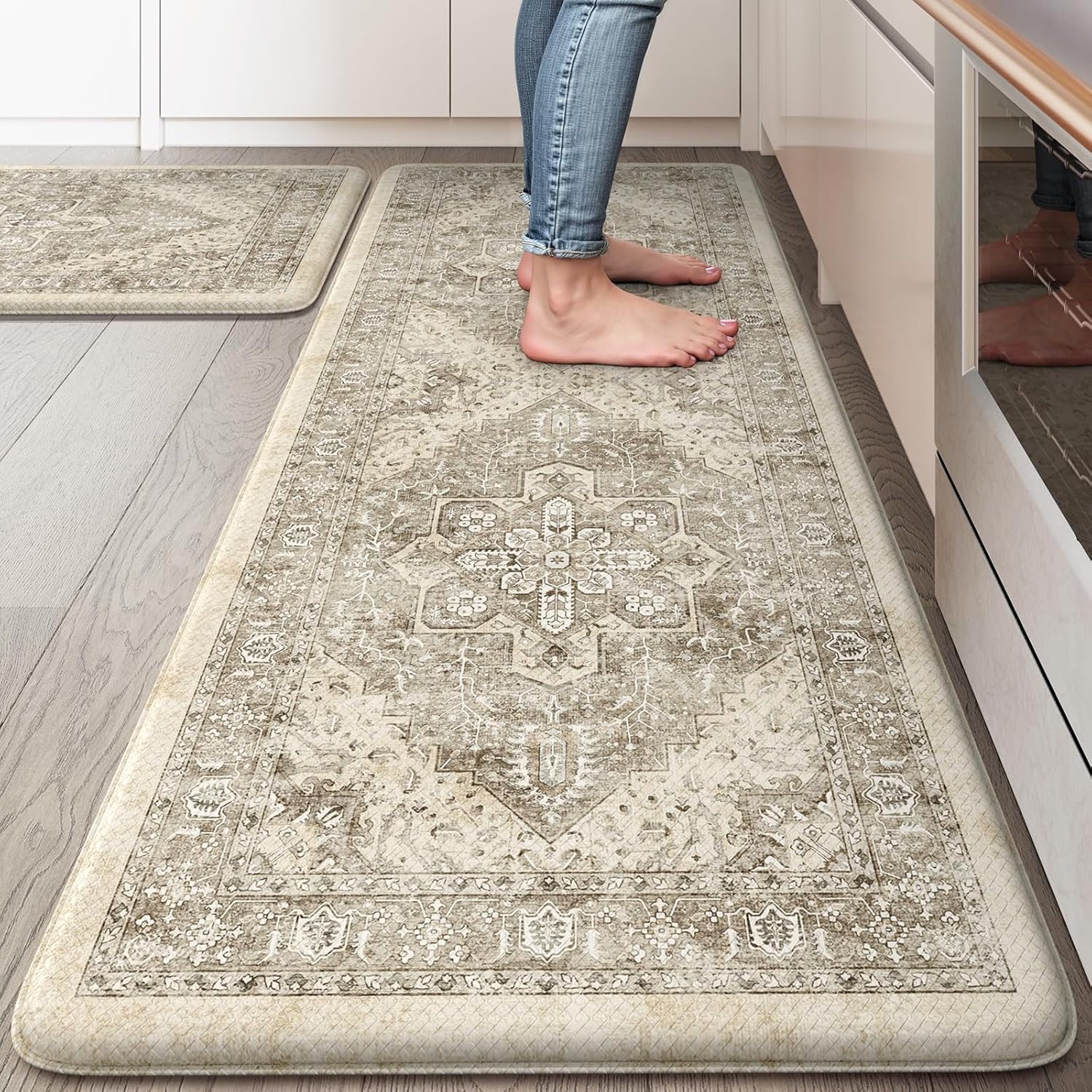 KIMODE Anti Fatigue Kitchen Mats 20"x47"+20"x32", Boho Vintage Kitchen Floor Mats Non Slip, Waterproof Kitchen Mat for Floor, Farmhouse Comfort Standing Mat for Laundry, Office, Sink, Desk Khaki 20" x 47"+20" x 32"--0.47 inches Khaki/Multi