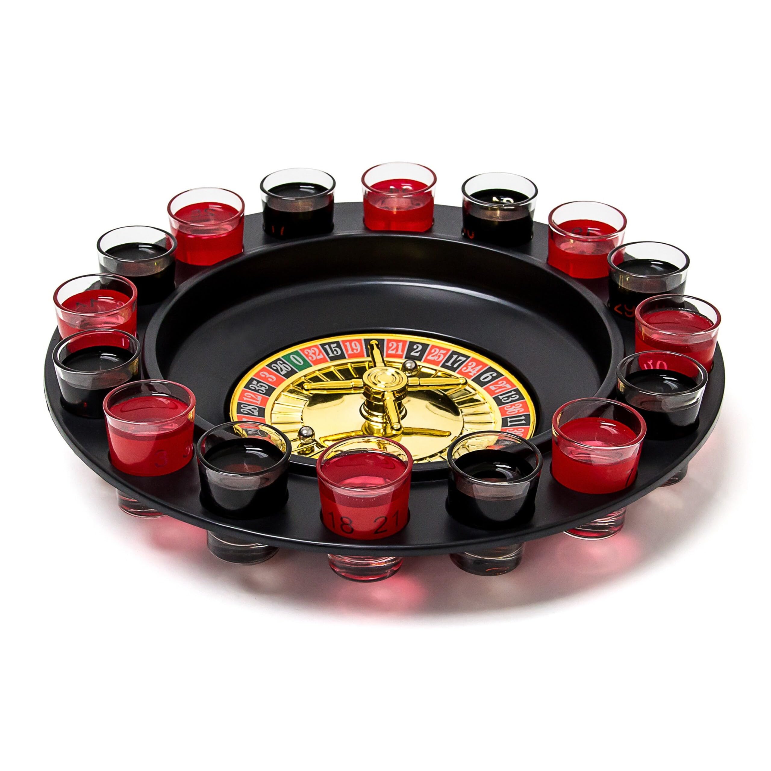 Relaxdays Roulette Trinkspiel, Partyspiel mit Drehrad, Schnapsgläsern & Kugeln, Roulettespiel für Partys, rot/schwarz