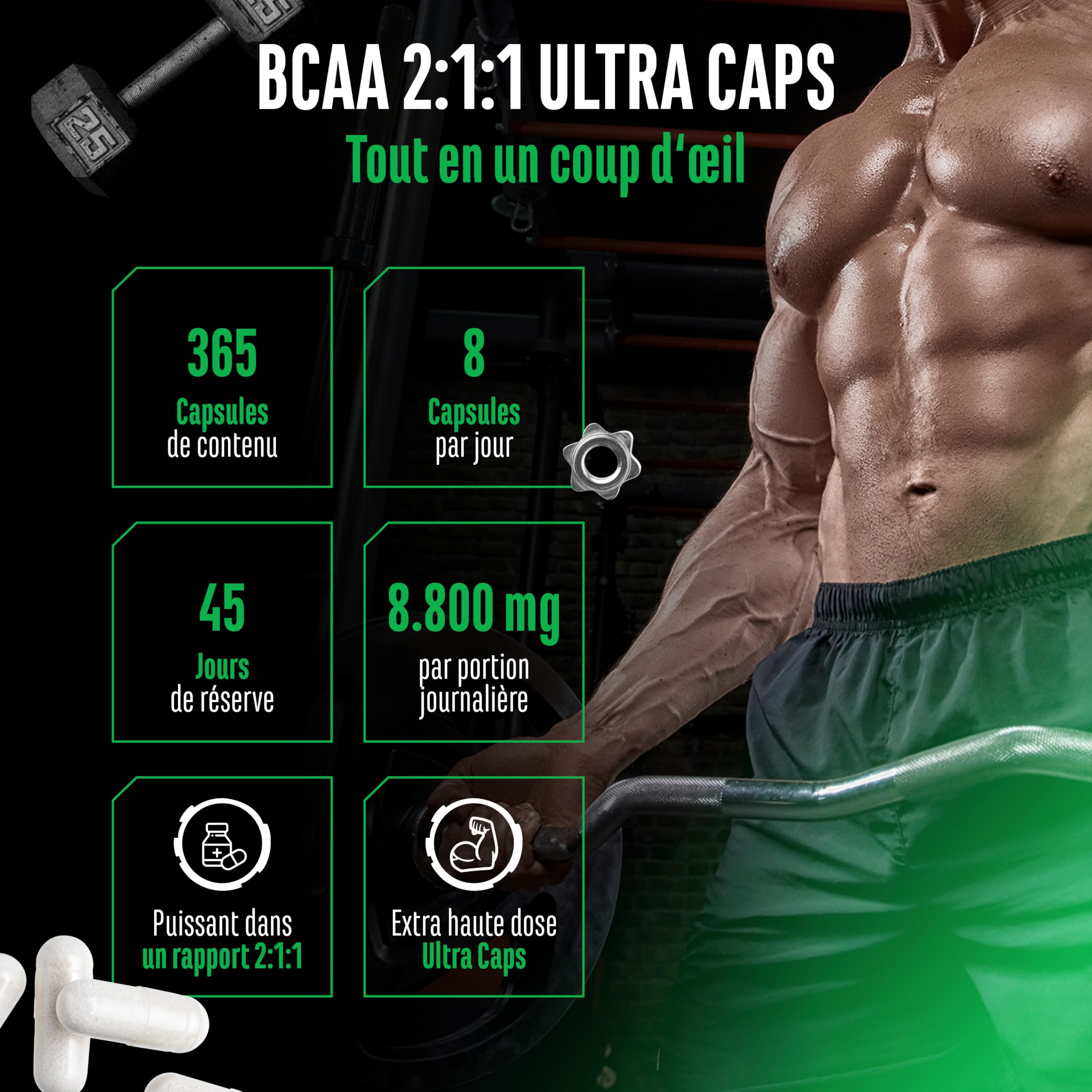 BCAA Ultra Caps - 365 gélules avec un dosage élevé de 1100 mg par gélule - Rapport optimal 2:1:1 - Leucine, L-Isoleucine, L-Valine - Acides aminés essentiels à chaîne ramifiée