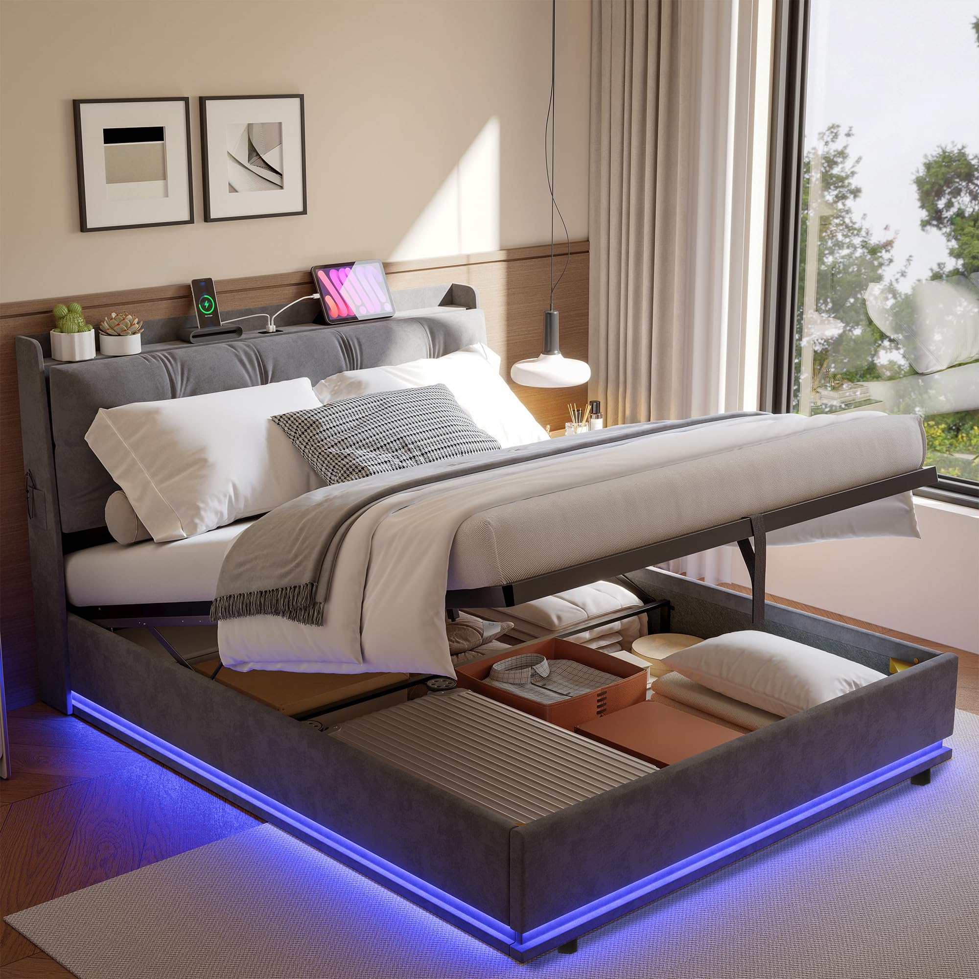 140 x 200 cm podwójne łóżko oświetlenie LED, złącze USB, miejsce do przechowywania | Pamięć hydrauliczna, regulowane oświetlenie LED, stacja ładująca USB, aksamitny zagłówek, drewniany stelaż, bez materaca