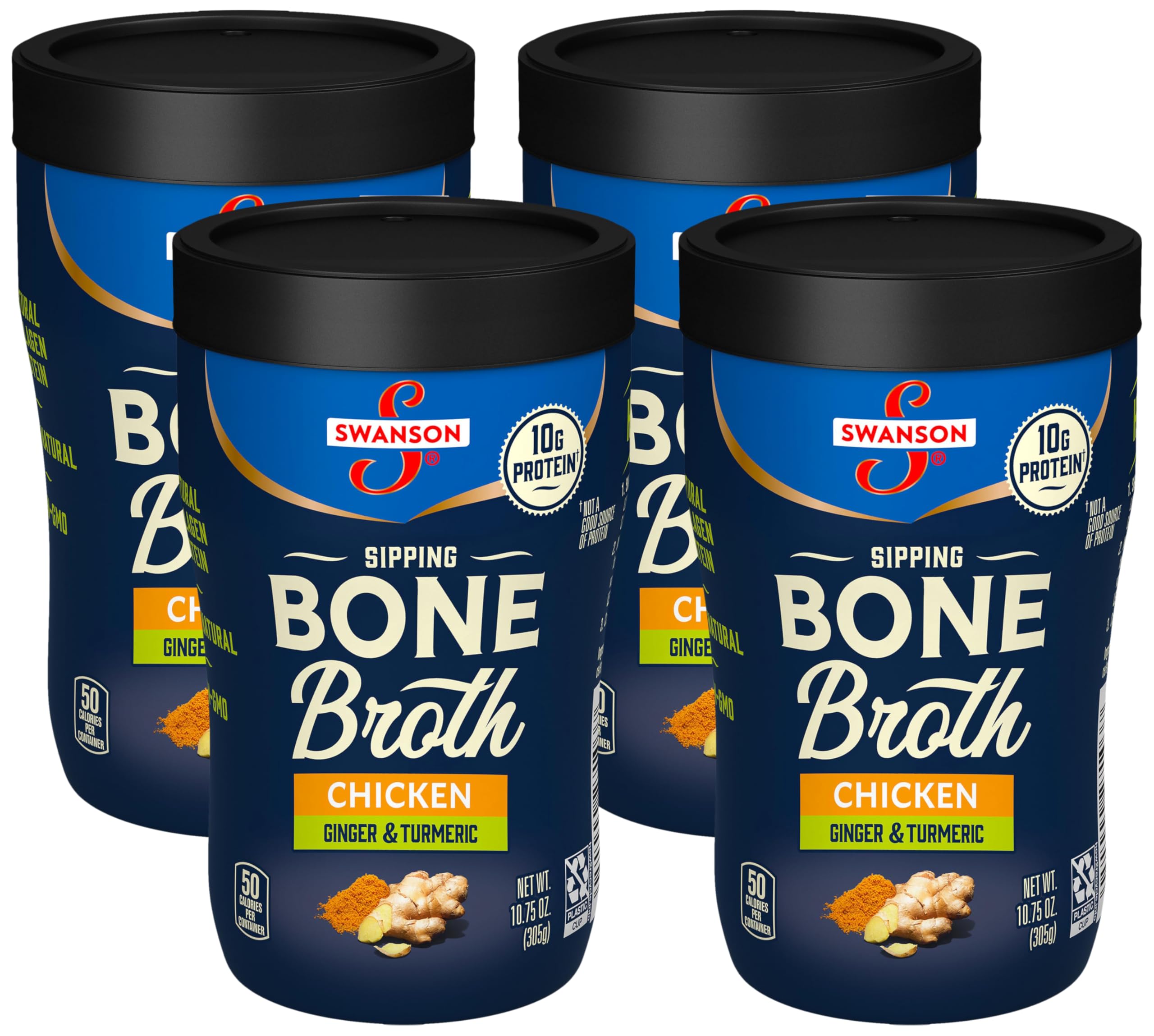 Swanson Sipping Bone Broth, Chicken Bone Broth with Ginger & Turmeric, 10.75 Ounce Sipping Cup (Pack of 4)