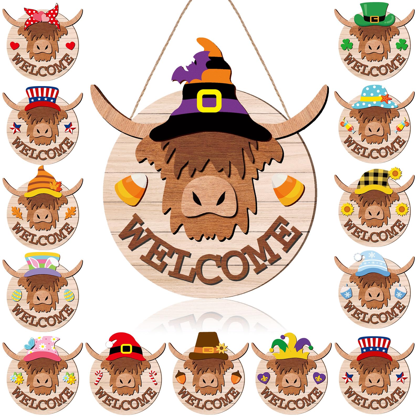 Yalikop13 Set Highlands Cow Interchangeable Welcome Sign with Hat and Holiday Sign Hanging Wooden Farmhouse Seasonal Door Decor Rustic Door Hanger for Summer Spring July 4th Front Door (Cute Style)