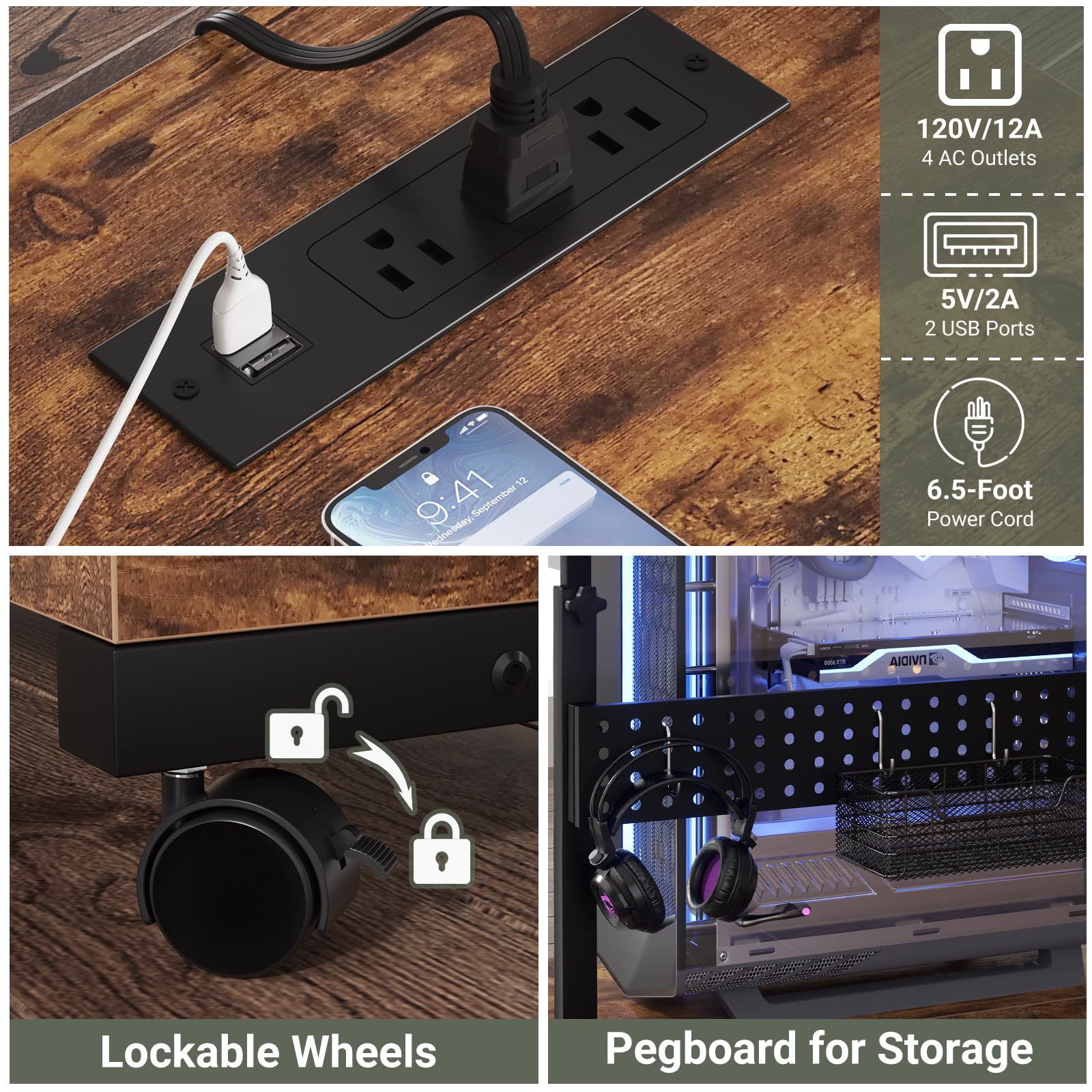 Besiost Soporte de torre para computadora con regletas de alimentación, soporte de torre de PC ajustable en altura con ruedas, soporte móvil para CPU, soporte lateral para carrito de computadora para