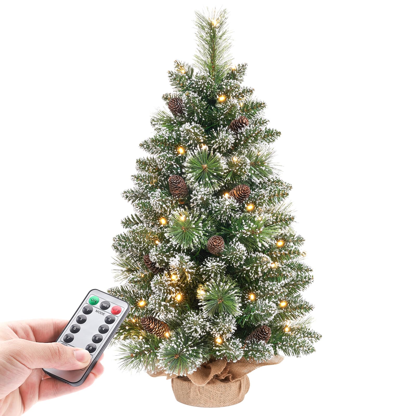 Yorbay Mini Albero di Natale con Illuminazione a LED, 70 cm, con Punta Dell'albero a Stella e Pigne in Vero Pino, Decorazione Natalizia, Avvento (70 cm con Telecomando)